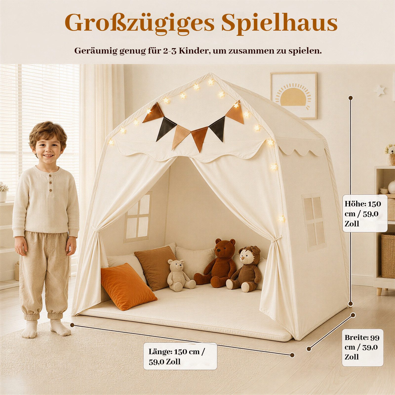 BlingBin Spielzelt Indoor Kinderspielhaus als Spiel- und Bettzelt mit Fenstern (1er Set, 1-tlg., 150 × 99 × 150 cm (L × B × H) bunten Flaggen inklusive Krabbelmatte als Dekor für jedes Kinderzimmer