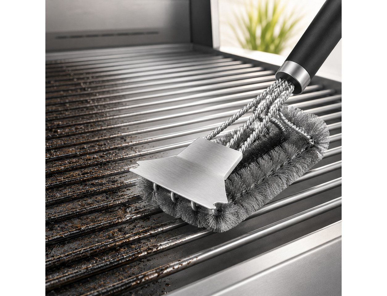 Forrlite Grillbürste Premium Edelstahl 3-in-1 Grillbürste 42 cm, Schaber & dichte Borsten, (Premium Edelstahl 3-in-1 Grillbürste mit Schaber, PP-Isoliergriff, 42 cm lange Reinigungsbürste, dicht gebundene Borsten für Gasgrill, Holzkohlegrill und Grillrost