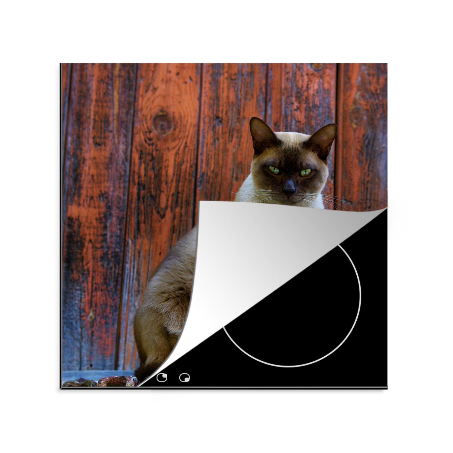 Augen hölzernen auf einem (1 MuchoWow Hintergrund, für grünen cm, küche Herdblende-/Abdeckplatte Siamesische mit tlg), Ceranfeldabdeckung, Arbeitsplatte Vinyl, Katze 78x78