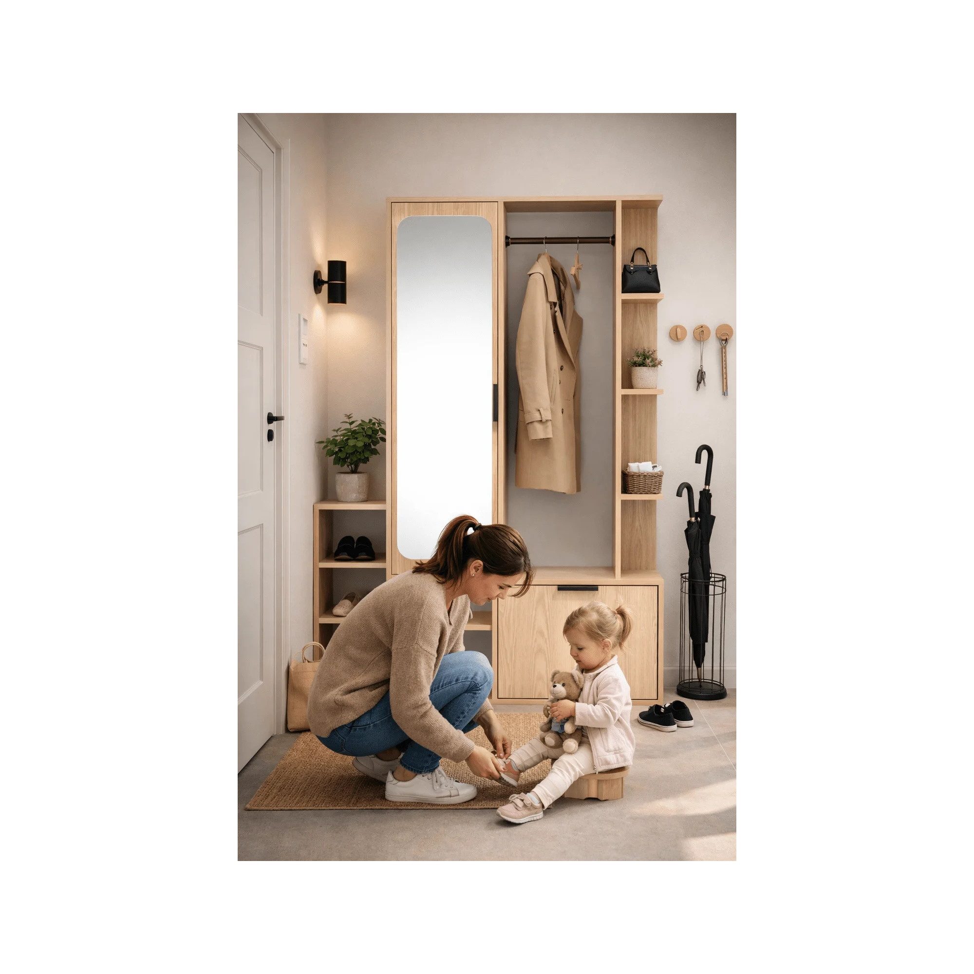 Raumhirsch Furniture Wandgarderobe Garderobenschrank, Flurgarderobe, Schuhschrank, Sitzbank (Maße: 100 x 33 x 189,4 cm (Spiegel, Kleiderstange), viele Farbvarianten), Soft-Close-Scharniere, Metallgriffe, offene Seitenregale, Schuhfächer