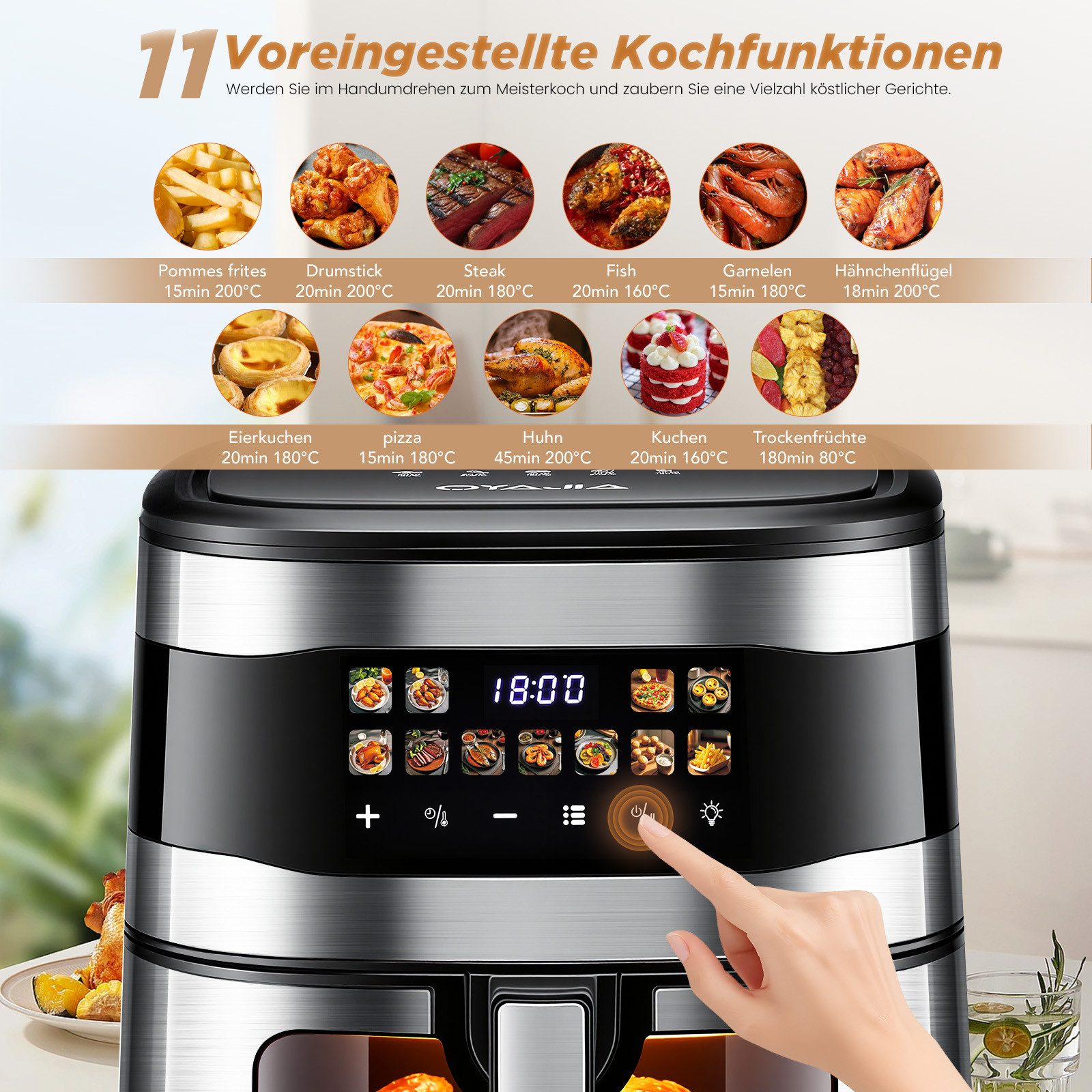 oyajia Heißluftfritteuse Airfryer JAF-804DW XXL mit Sichtfenster, Fritteuse ohne Öl, digitales Bedienfeld, 11 Automatikprogramme, 2000 W