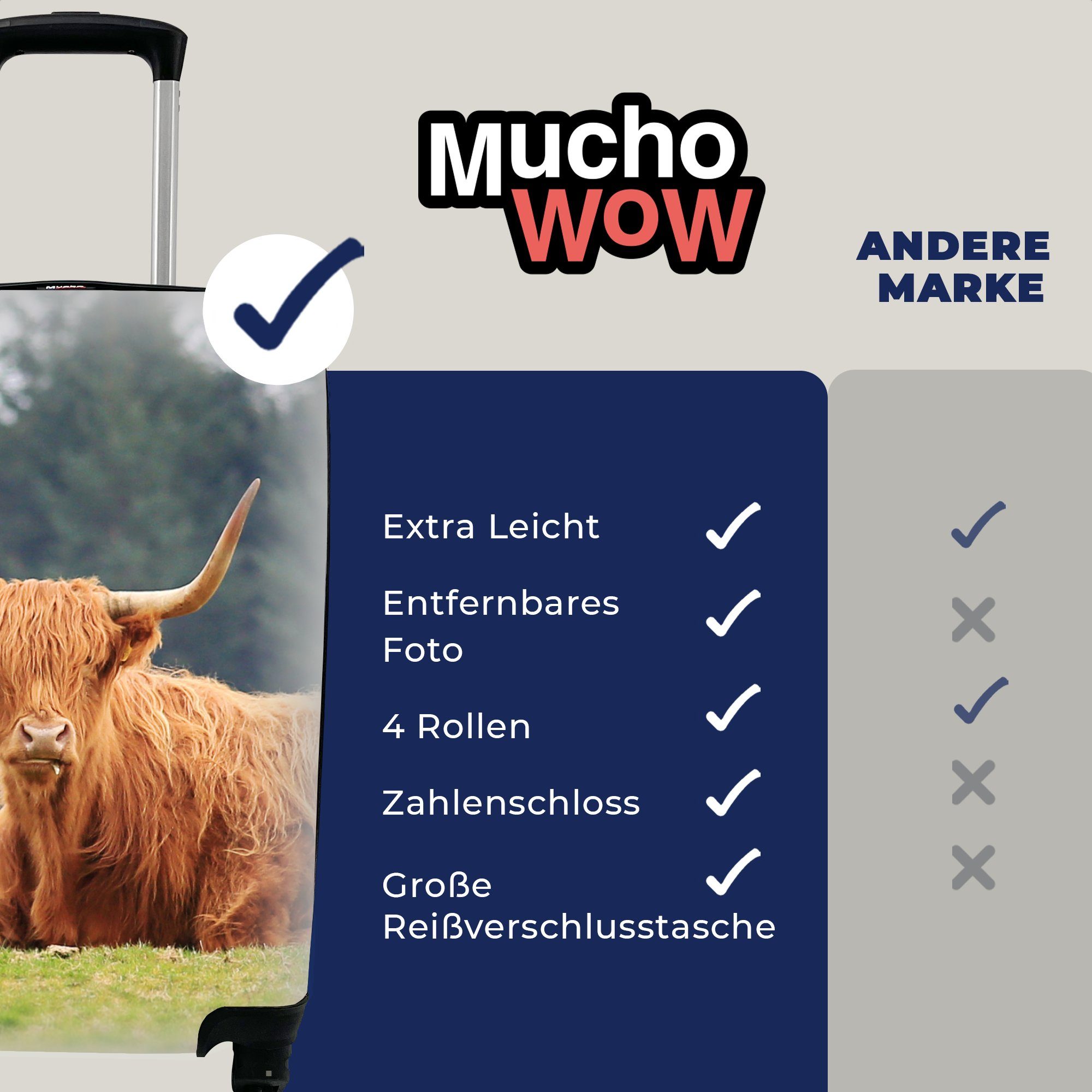 MuchoWow Reisetasche Trolley, Gras Rollen, Ferien, Wald, Schottische Highlander - Reisekoffer 4 für - Handgepäckkoffer Handgepäck mit rollen,