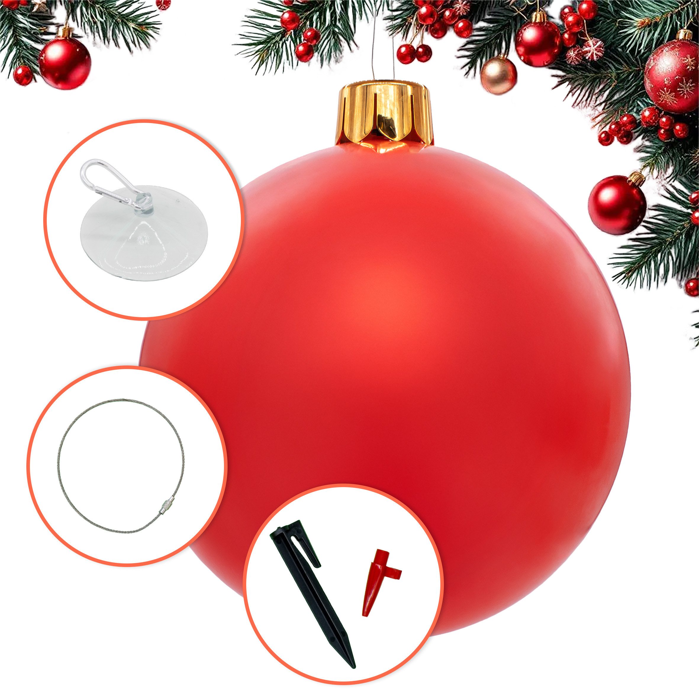 Spetebo Christbaumschmuck Riesen Weihnachtskugel aufblasbar 45 cm Outdoor (1-tlg), inklusive Erdspieß, Saugnapf und Karabinerhaken