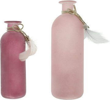 Dekoleidenschaft Tischvase aus Glas in rosa Beeren-Tönen, verziert mit Federn, 16 und 20 cm hoch (2 St., im Set), Glasvase, Blumenvase, Vasenset in Flaschen Form