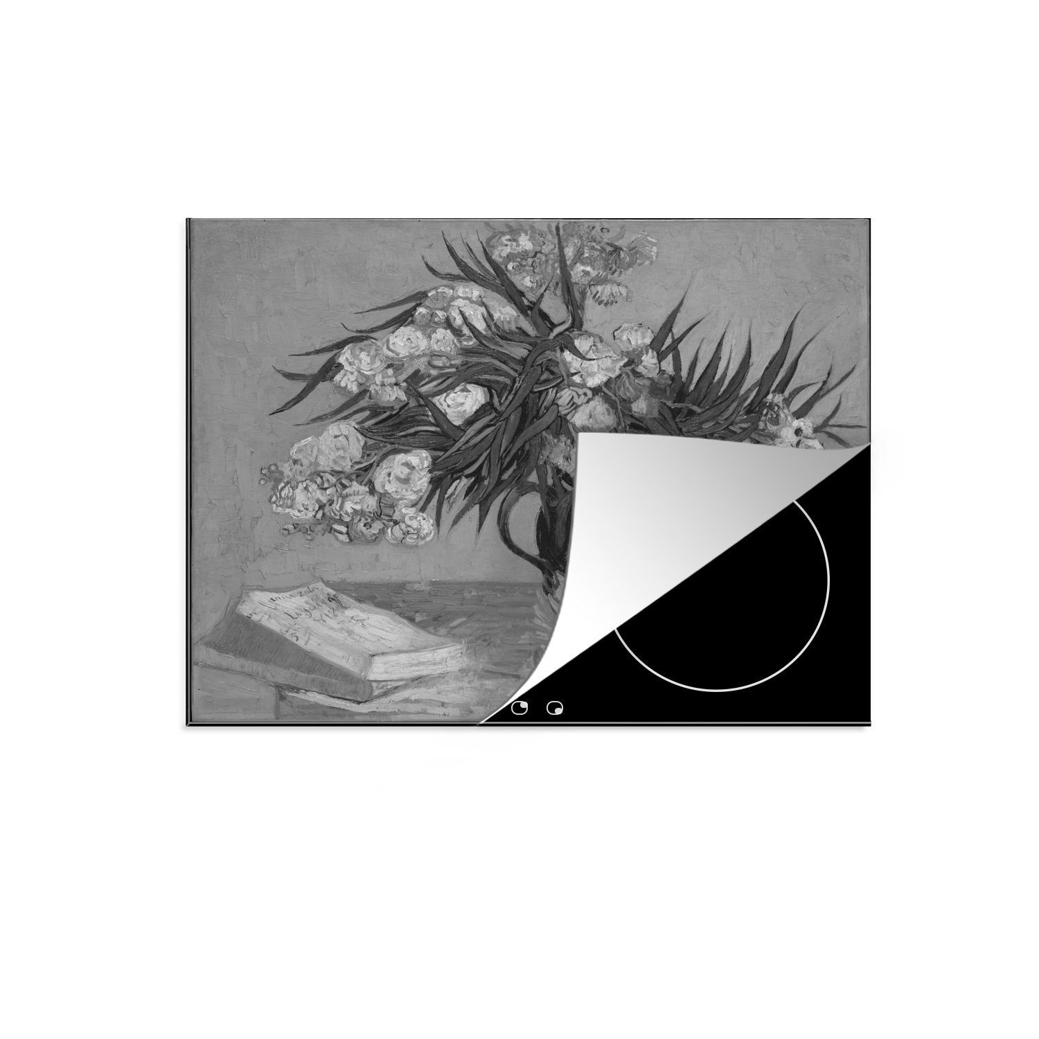 MuchoWow Herdblende-/Abdeckplatte Stilleben mit Oleander - Vincent van Gogh - Schwarz und weiß, Vinyl, (1 tlg), 59x52 cm, Ceranfeldabdeckung für die küche, Induktionsmatte