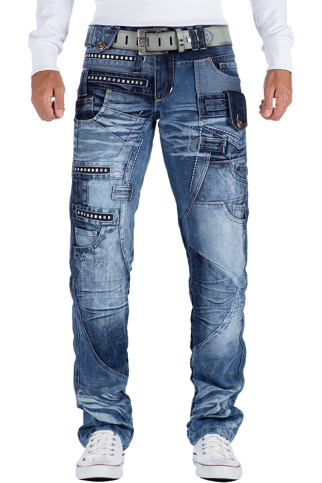 Kosmo Lupo 5-Pocket-Jeans Auffällige Herren Hose BA-KM001 mit Verzierungen und Nieten blau