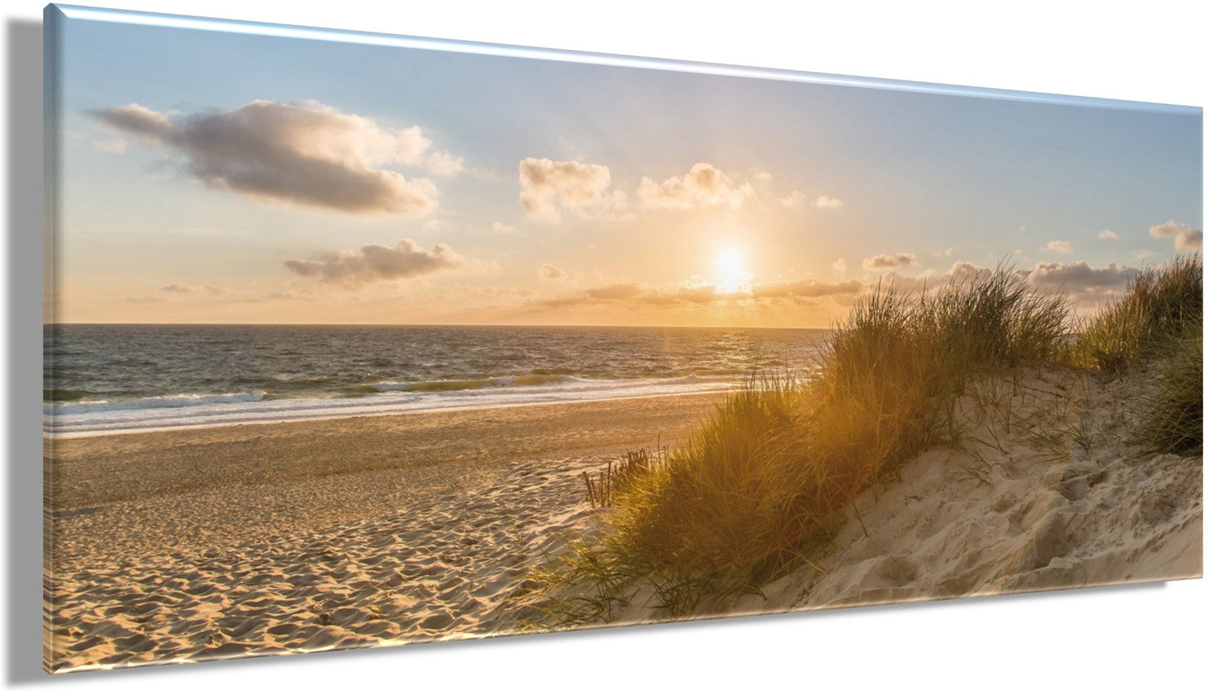 Bönninghoff Leinwandbild Wandbild STRAND XXL 60x140 cm – Leinwandbild Keilrahmen Deko modern, Meer, Sonnenuntergang, Strand (1 St), auf Keilrahmen gespannt