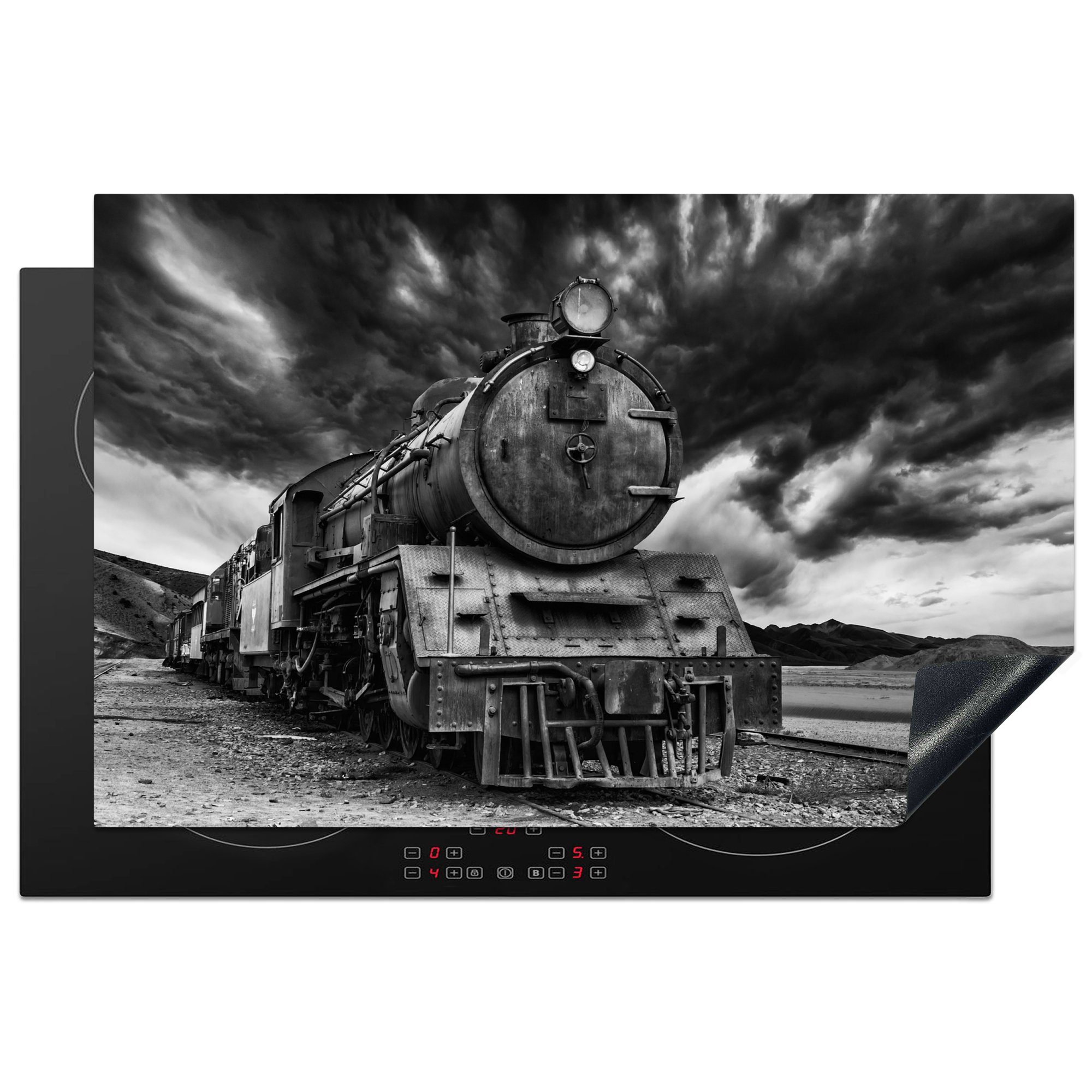 MuchoWow Herdblende-/Abdeckplatte Schwarz-Weiß-Foto einer Dampfeisenbahn im asiatischen Jordanien, Vinyl, (1 tlg), 81x52 cm, Induktionskochfeld Schutz für die küche, Ceranfeldabdeckung