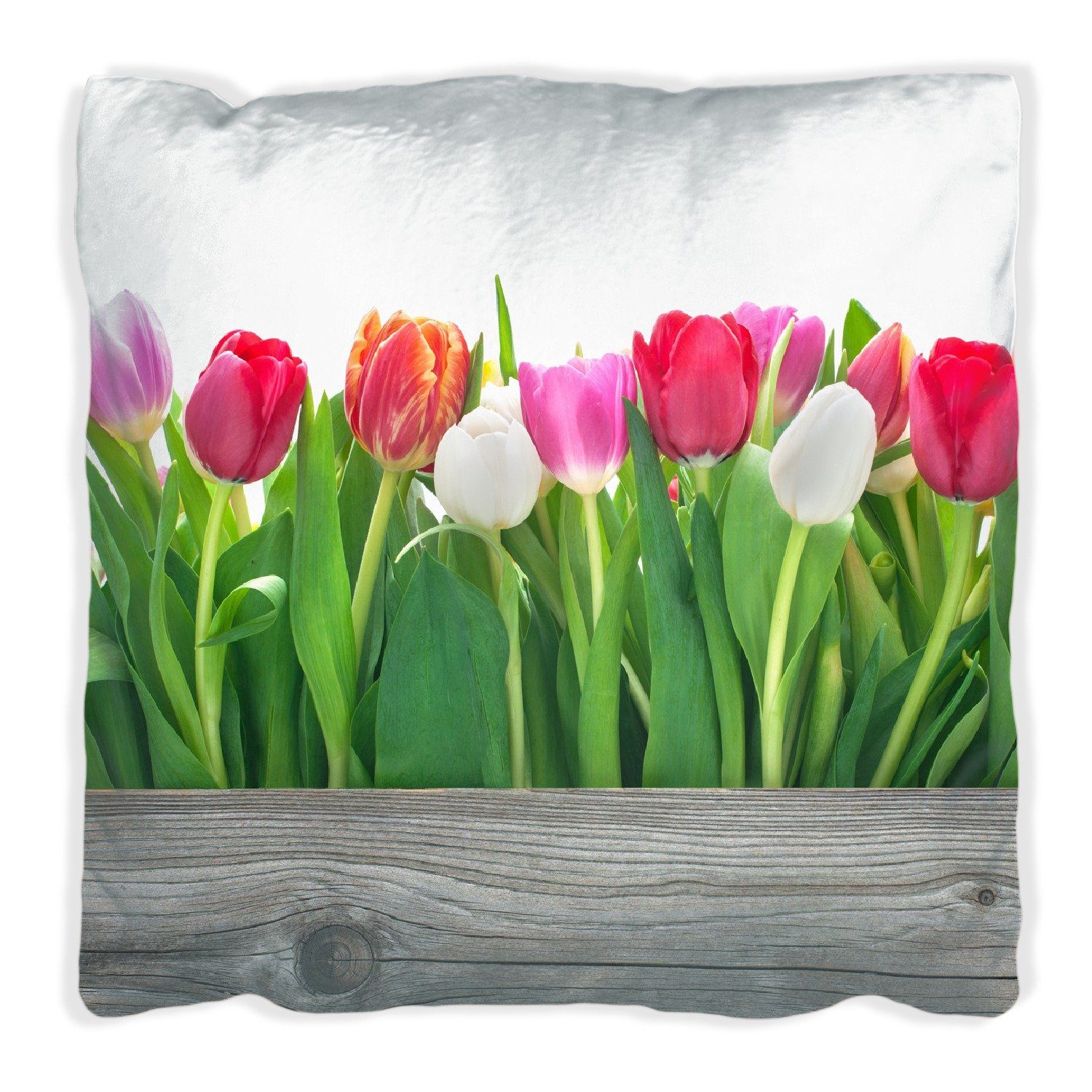 Wallario Dekokissen Rote weiße und pinke Tulpen im Frühling, handgenäht