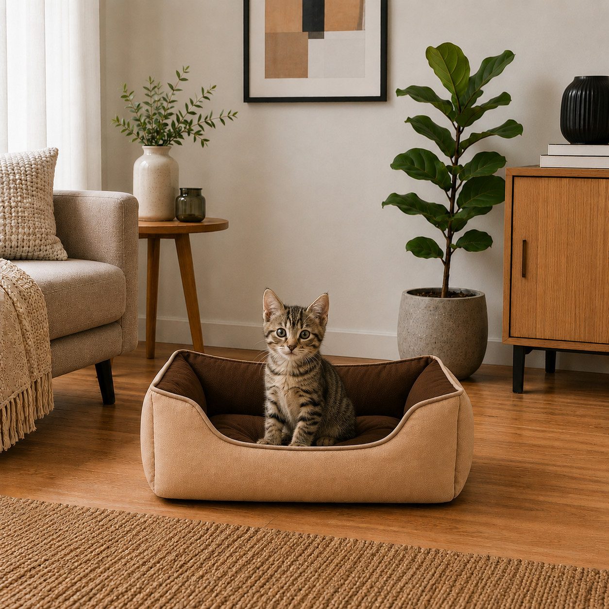 belviona Tierkissen für Katzen, Katzenbett Wildlederimitat, 60x50 cm, braun/beige, Wildlederimitat, Katzenkörbchen wendbar, mit 2-in-1 Funktion