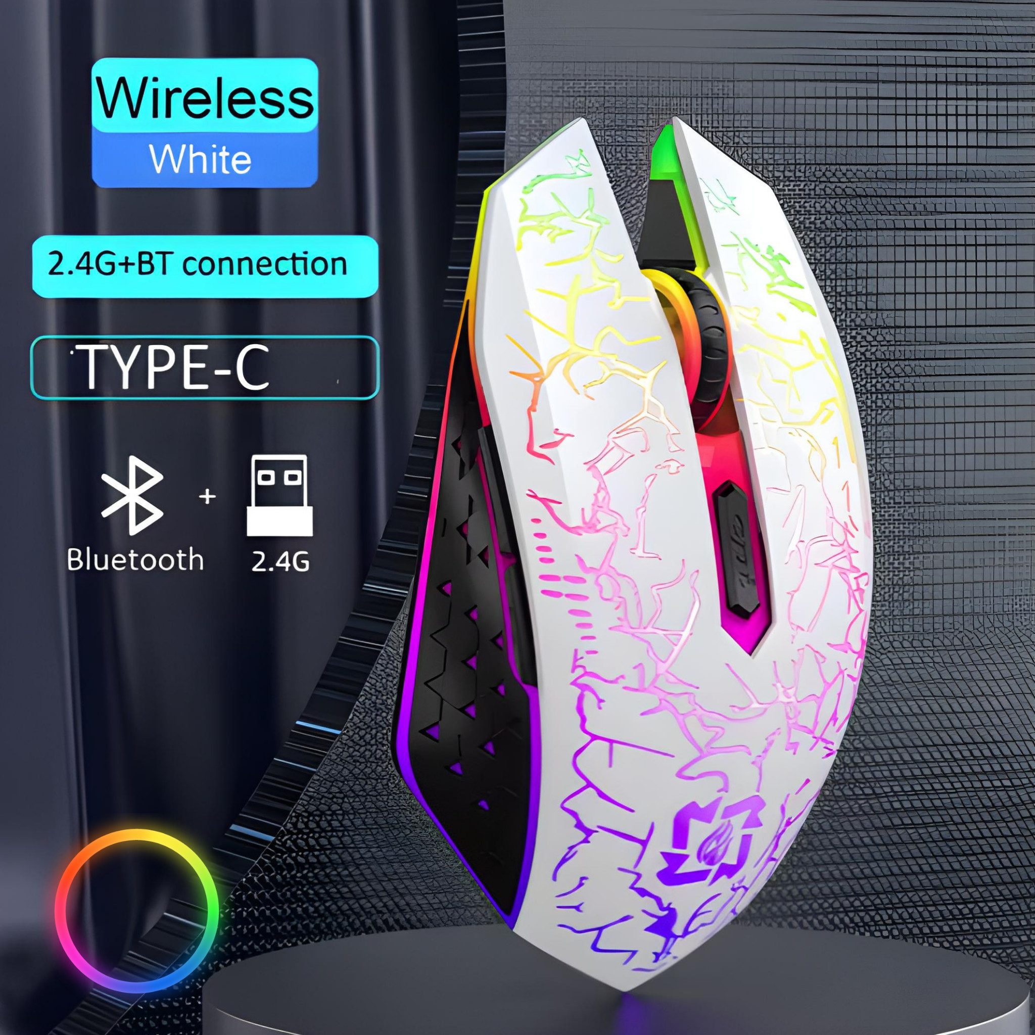 HS.SUPPLY RGB Gaming Maus wireless, Leise & aufladbar Gaming-Maus (Bluetooth, Funk, Einstellbare DPI-Auflösung, RGB Beleuchtung, 6 Tasten)