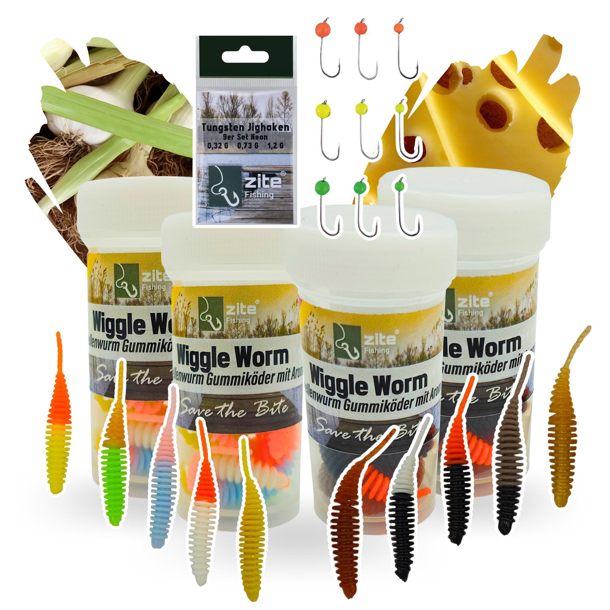 Kunstköder Wiggle Worm Set - Forellenköder + 9 Tungsten Jigheads - 2 Aromen