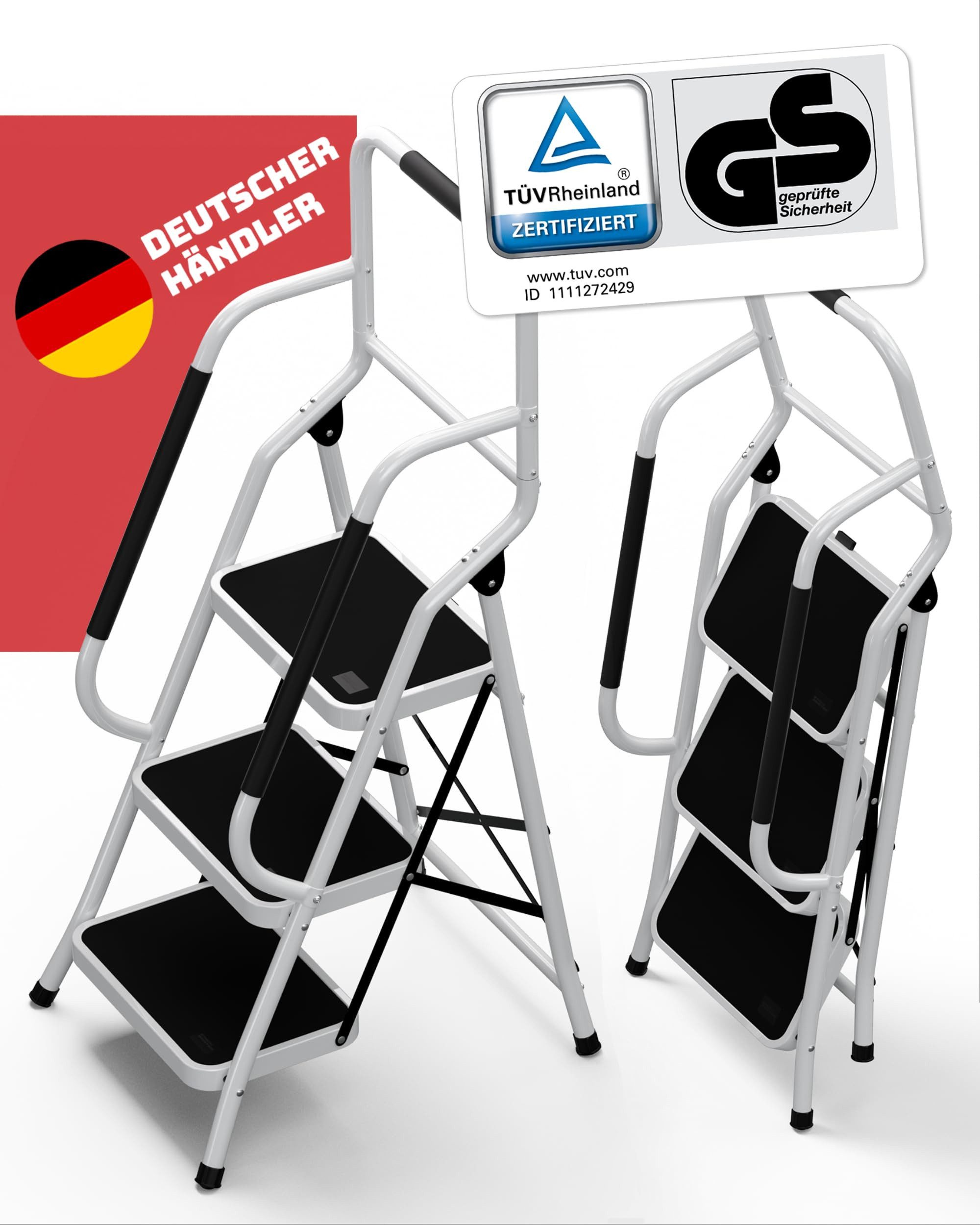 Stackmeister Klapptritt Sicherheitsleiter (TÜV zertifiziert, belastbar 150kg, 3-stufig erhältlich), rutschfeste Trittleiter mit Handlauf, klappbar
