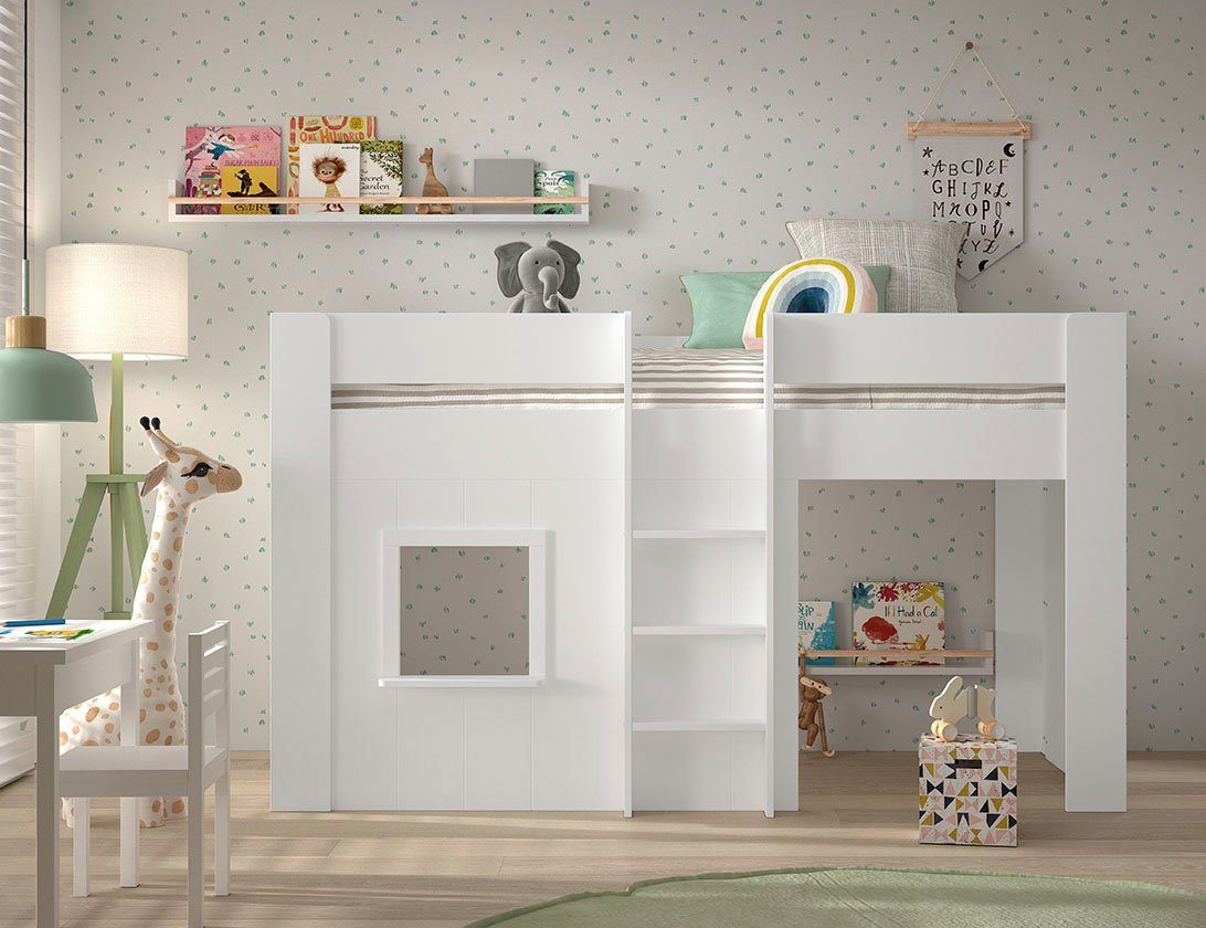 Vipack Hochbett Reno, ein tolles Hüttenbett mit hoher Standfestigkeit, weiß lackiert (B/H/T ca. 206x120,1x105cm, Leiter mittig, Fenster und Absturzschutz) inkl. Rolllattenrost, Rückseite offen und Spielfläche unter dem Bett
