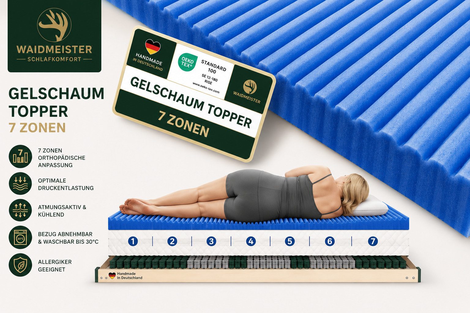 Waidmeister, Topper Matratzentopper aus Gel,Topper, 8cm hoch, mit 7 Zonen, Gelschaum, 8 cm hoch