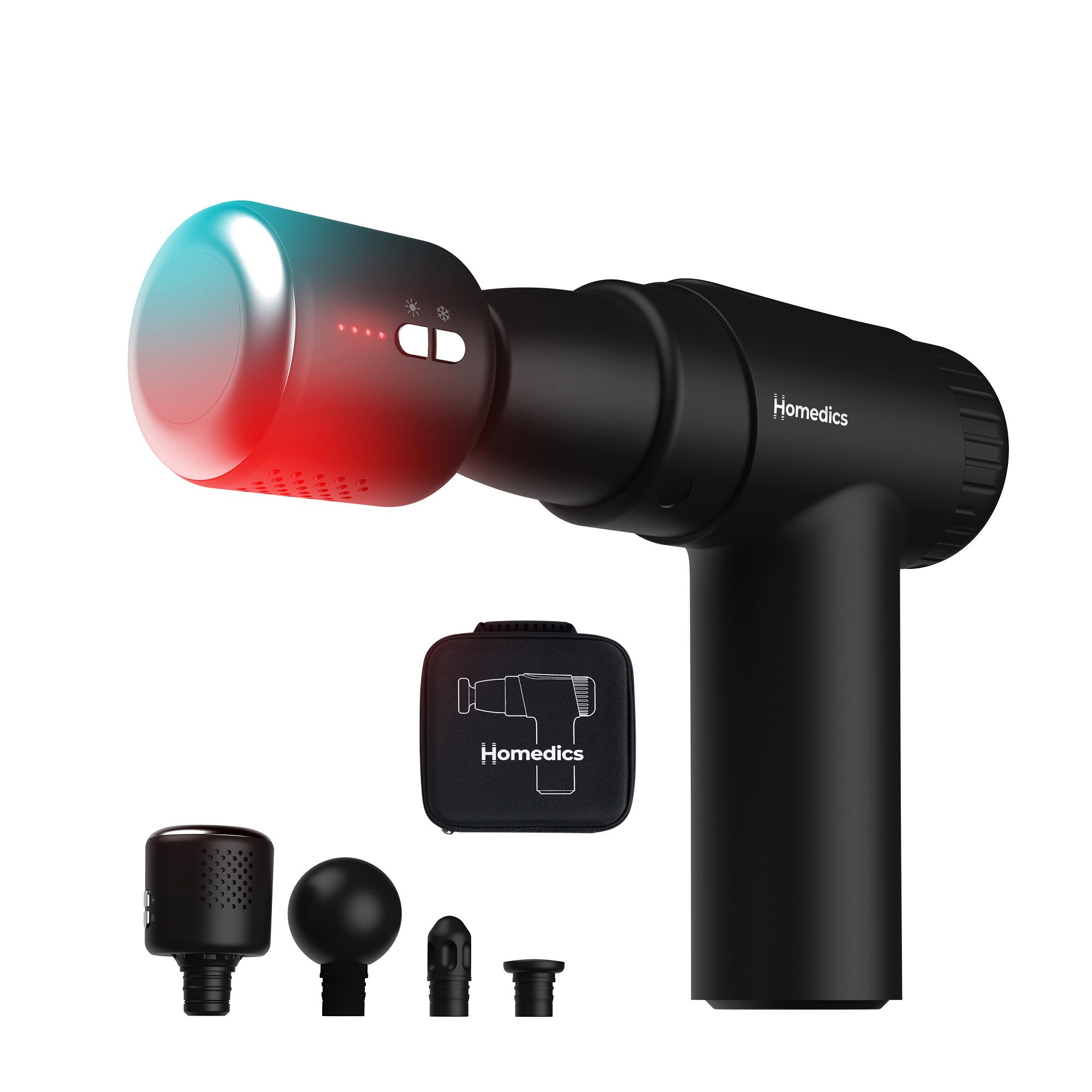 HOMEDICS Massagepistole NOVO PGM-45HC-BK Wärme Kälte Regeneration Massage Gun, Wärme- & Kältefunktion, 6 Stufen, 4 Aufsätze, LED-Display, Reisetasche