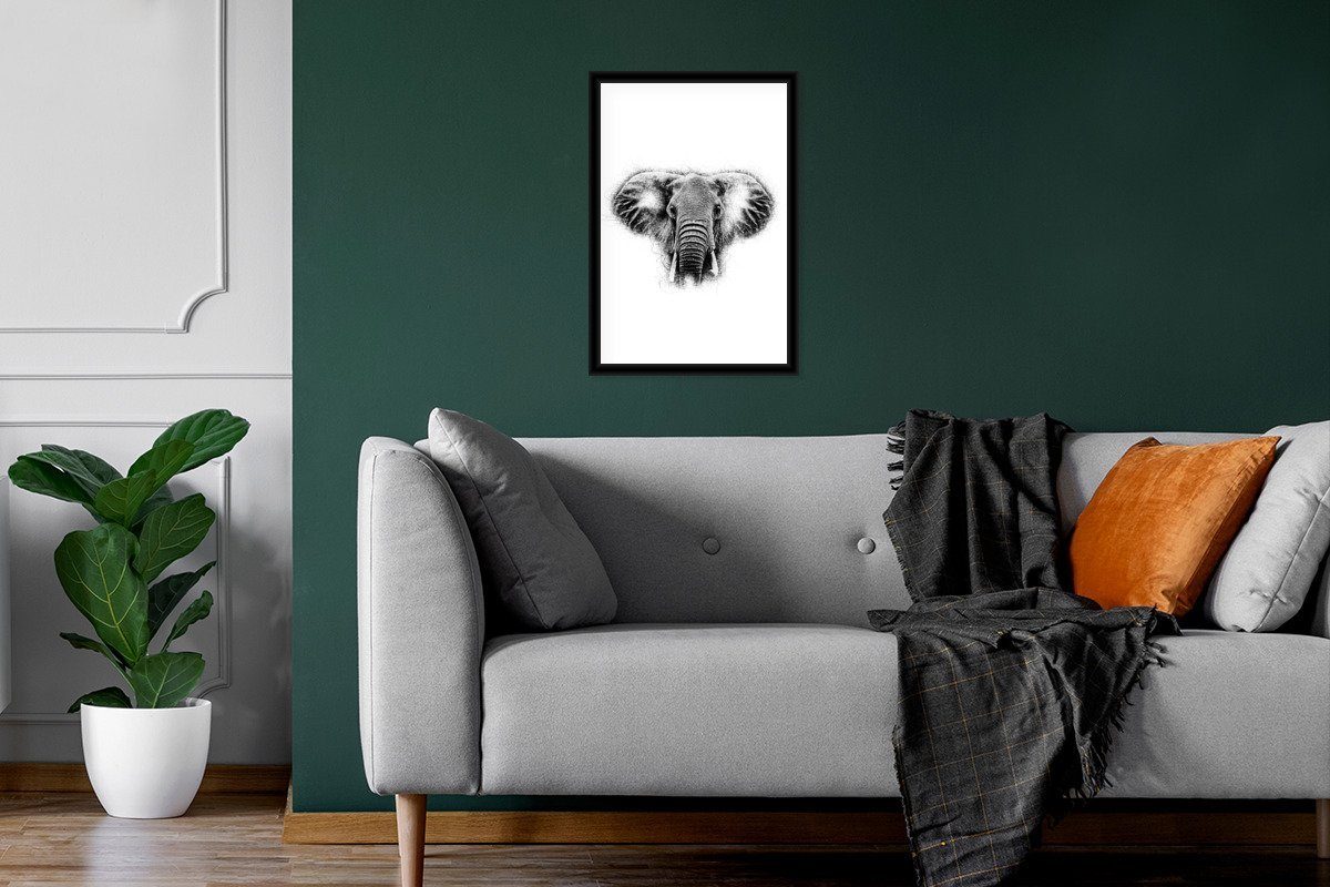 Schwarz Schwarzem Weiß Elefant Tasse, (1 Wandposter, Bilder, Poster, - - Wanddeko, MuchoWow Poster Gerahmtes - Bilderrahmen St),