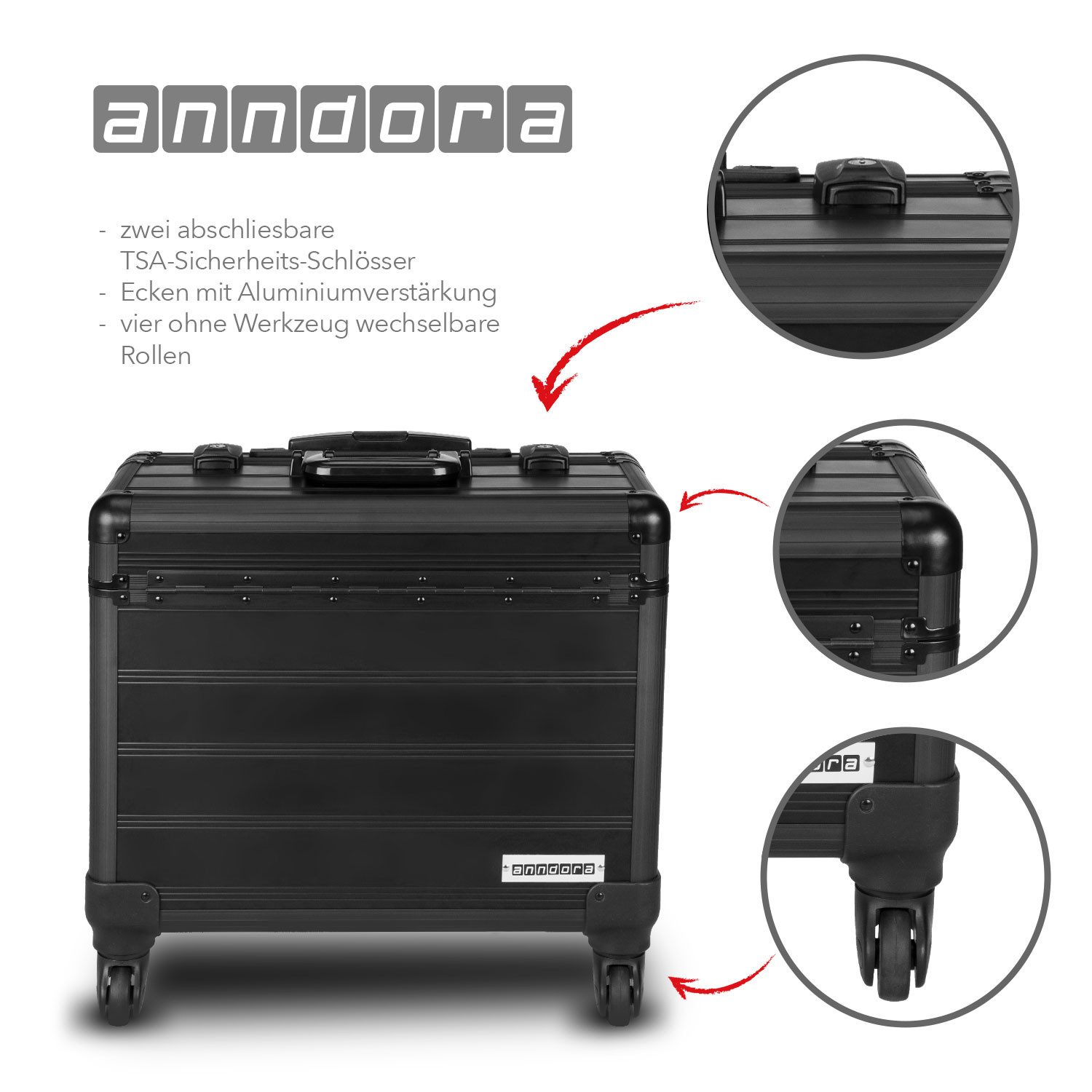 anndora Business-Trolley 4 Rad Pilotenkoffer mit TSA Schloss Schwarz, ausziehbarer Teleskopgriff - verstärkte Aluminiumecken und Oberflächen