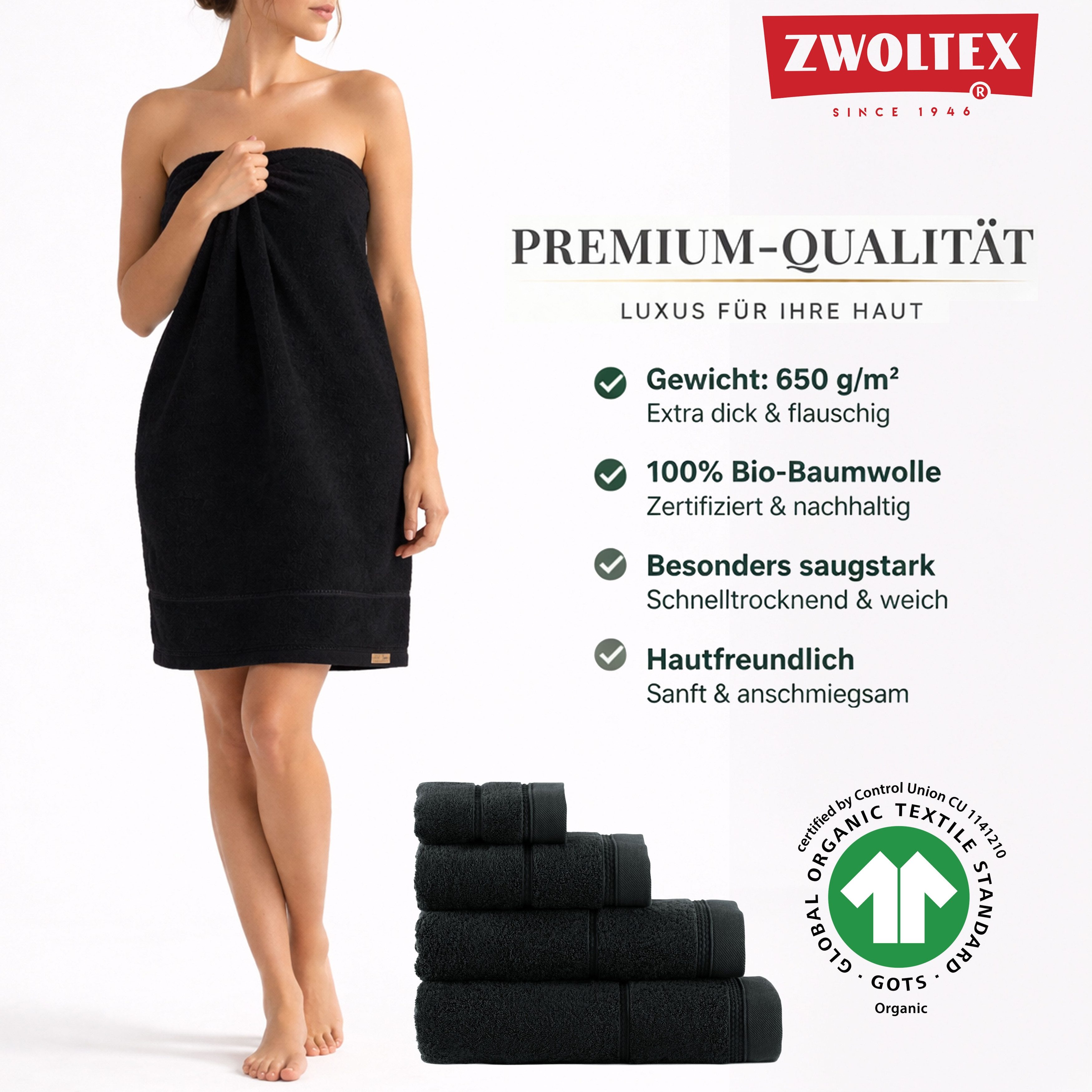 Zwoltex Handtücher 650g/m² dickes Badetuch weich saugstark Baumwolle Schwarz, (GOTS Bio Baumwolle OEKO-TEX zertifiziert Badetuch 100x150), Besonders weiche Haptik sorgt für angenehmes Hautgefühl