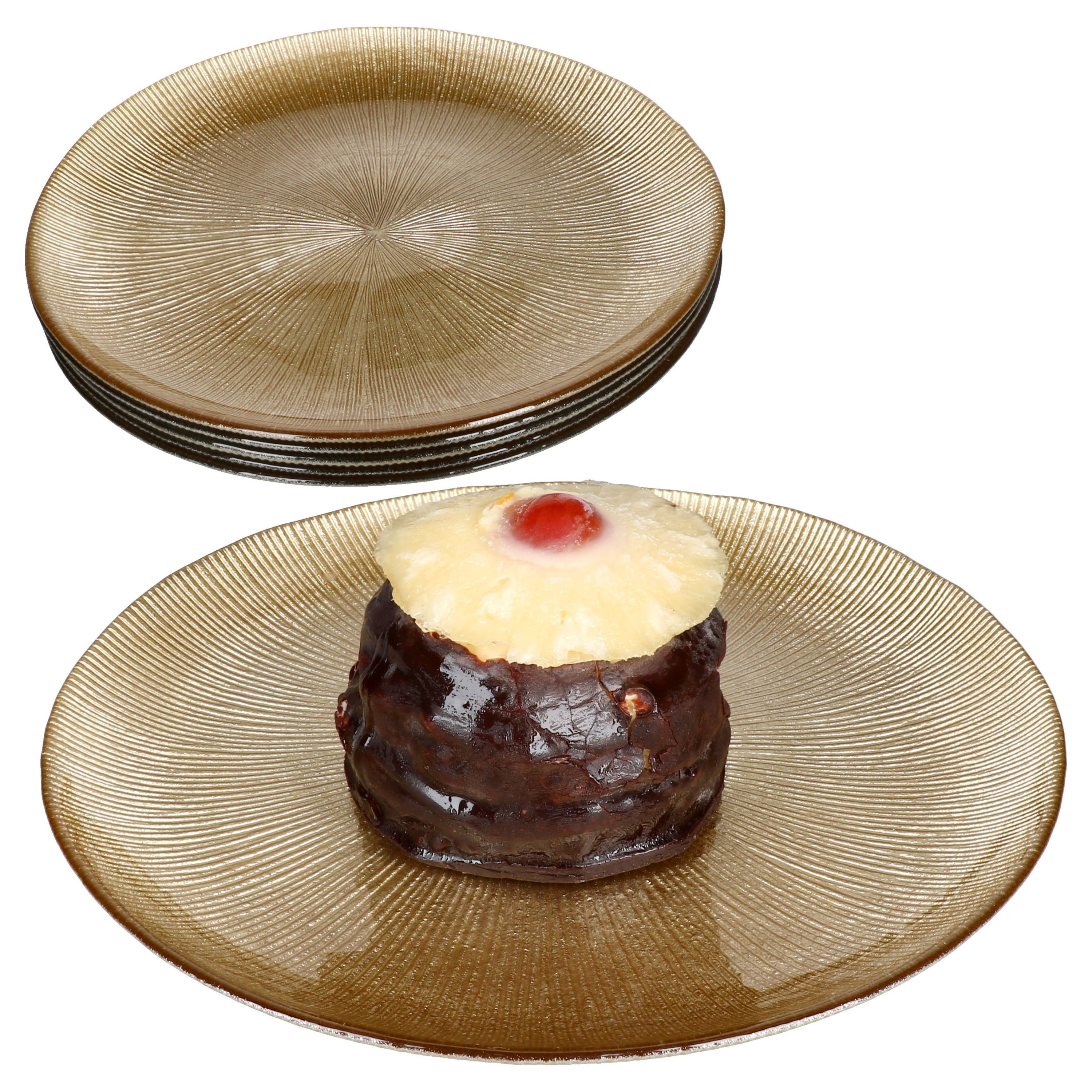Servierplatte 6x Kairo Gold Kuchenteller Glas 6 Personen Dessertteller Relief