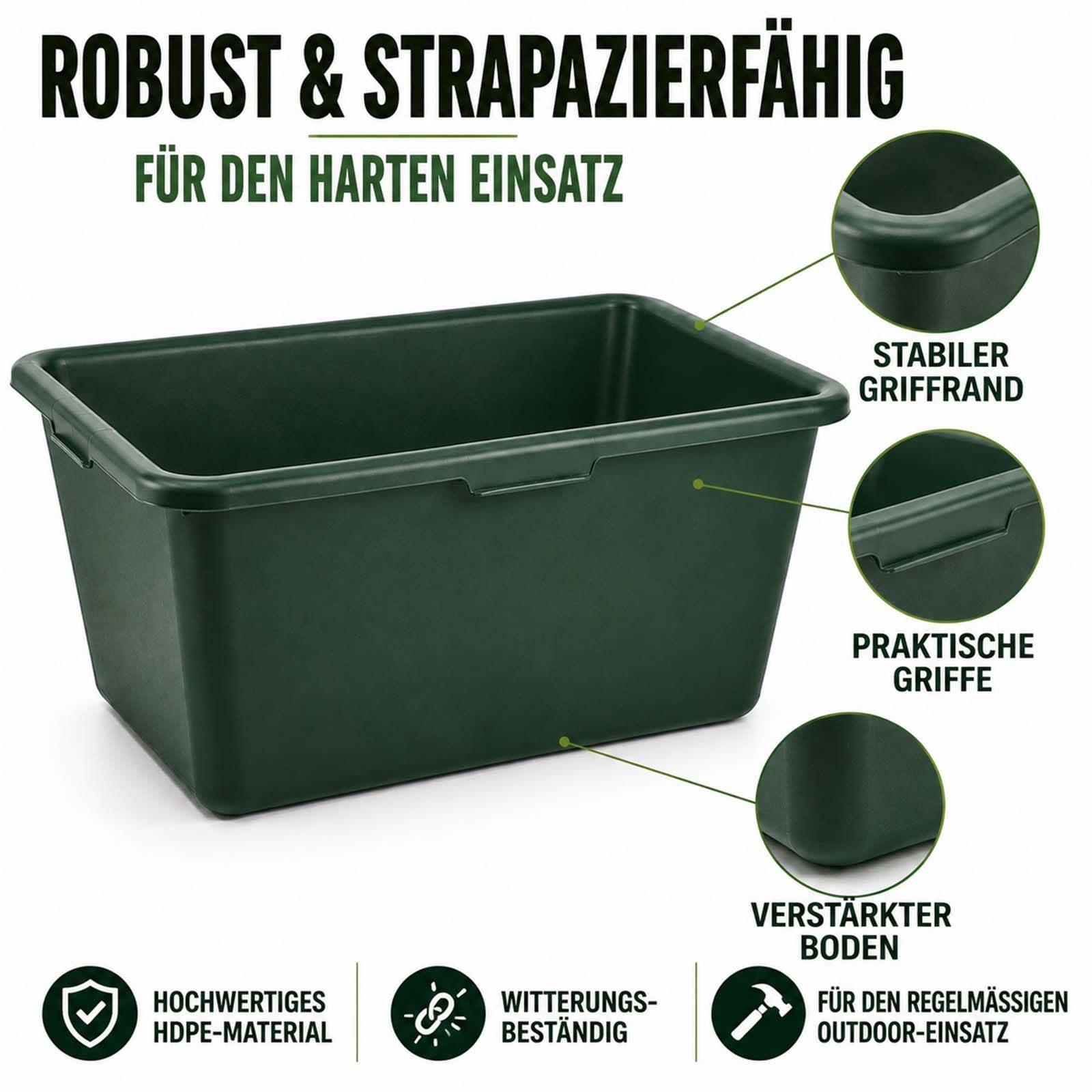 BURI Baueimer Wildwanne 90L XXL Kunststoffwanne Futterwanne Wasserbottich Grün Eckig