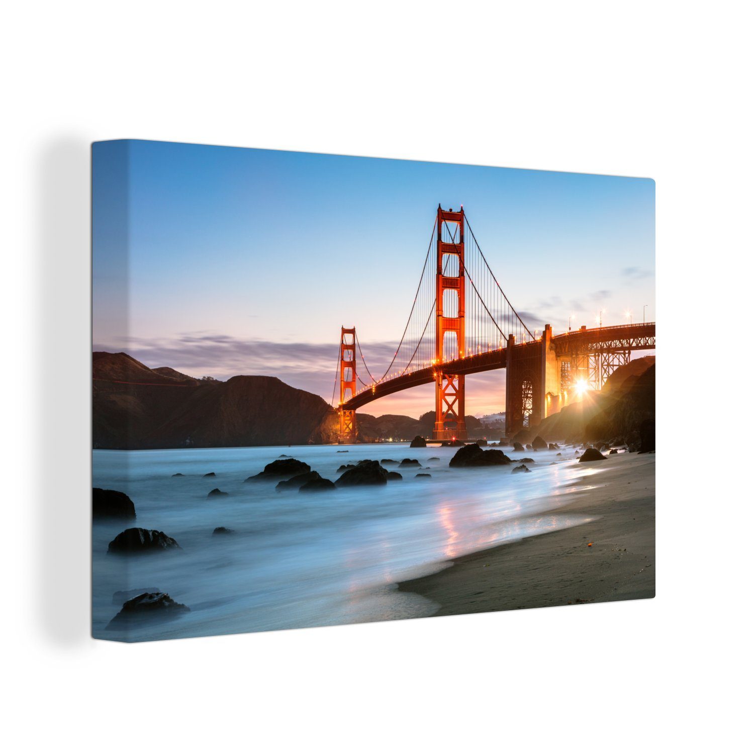 OneMillionCanvasses® Leinwandbild Golden Gate Bridge mit blauem Sonnenuntergang und blauem Wasser, Fotodruck (1 St), Leinwand Bilder Klein, Wand Dekoration Aesthetic 30x20 cm