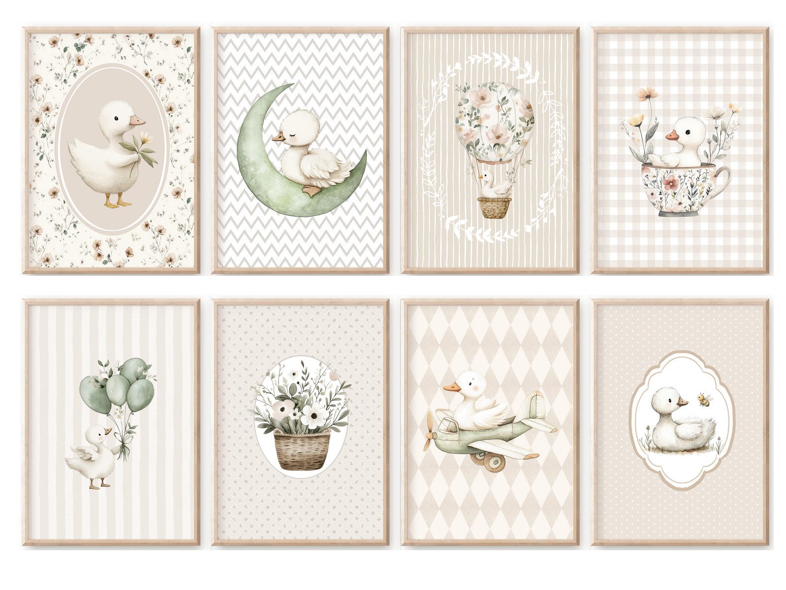 homestyle-accessoires Wandbild Kinderzimmer Bilderwand 8erSet Bilderset Babyzimmer GANS ENTE, Hochformat, Künstlerpapier, ohne Rahmen