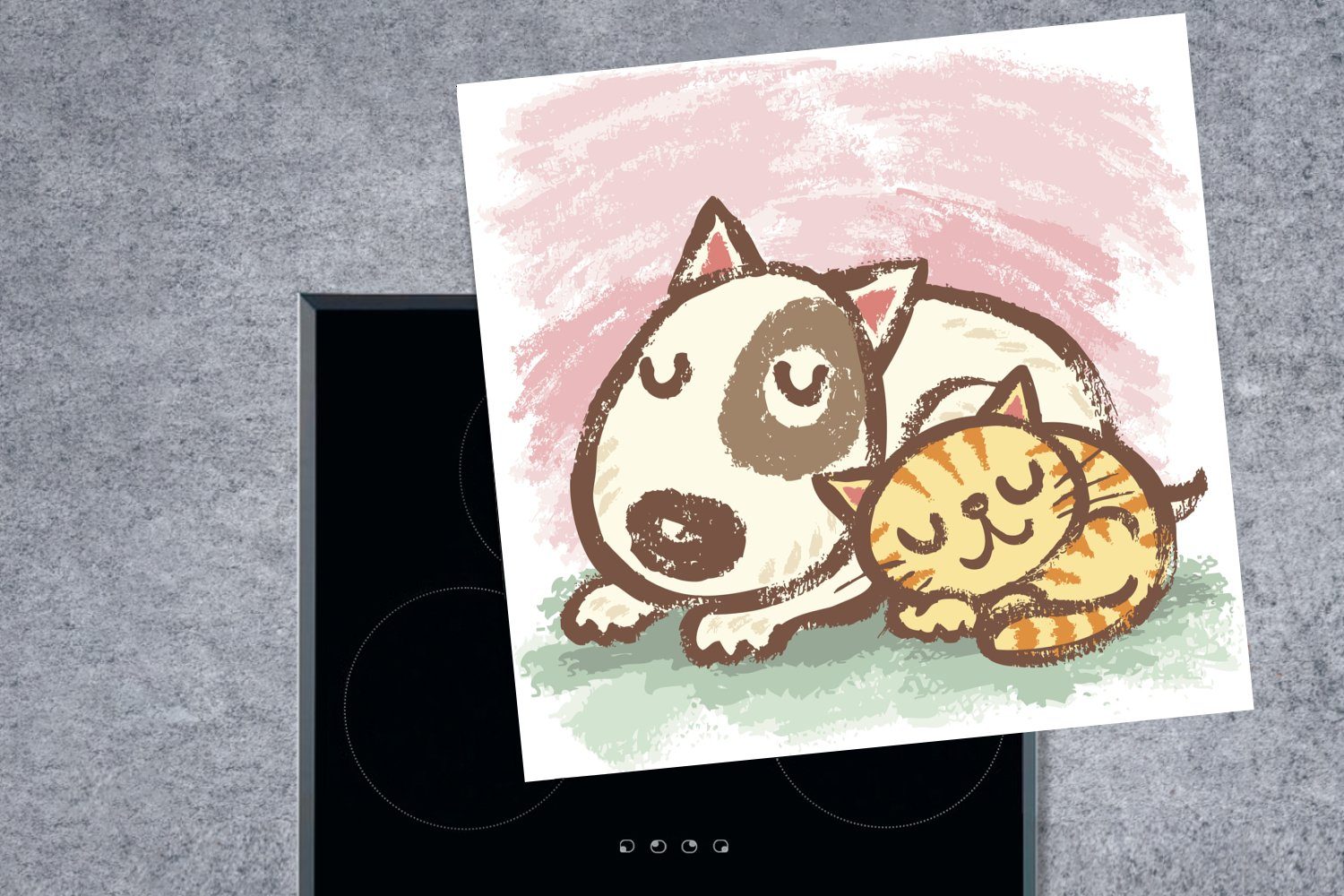 Kindheit, Ceranfeldabdeckung, 78x78 und Illustration Vinyl, aus (1 Herdblende-/Abdeckplatte cm, tlg), eines einer küche Hundes für Arbeitsplatte der MuchoWow Katze