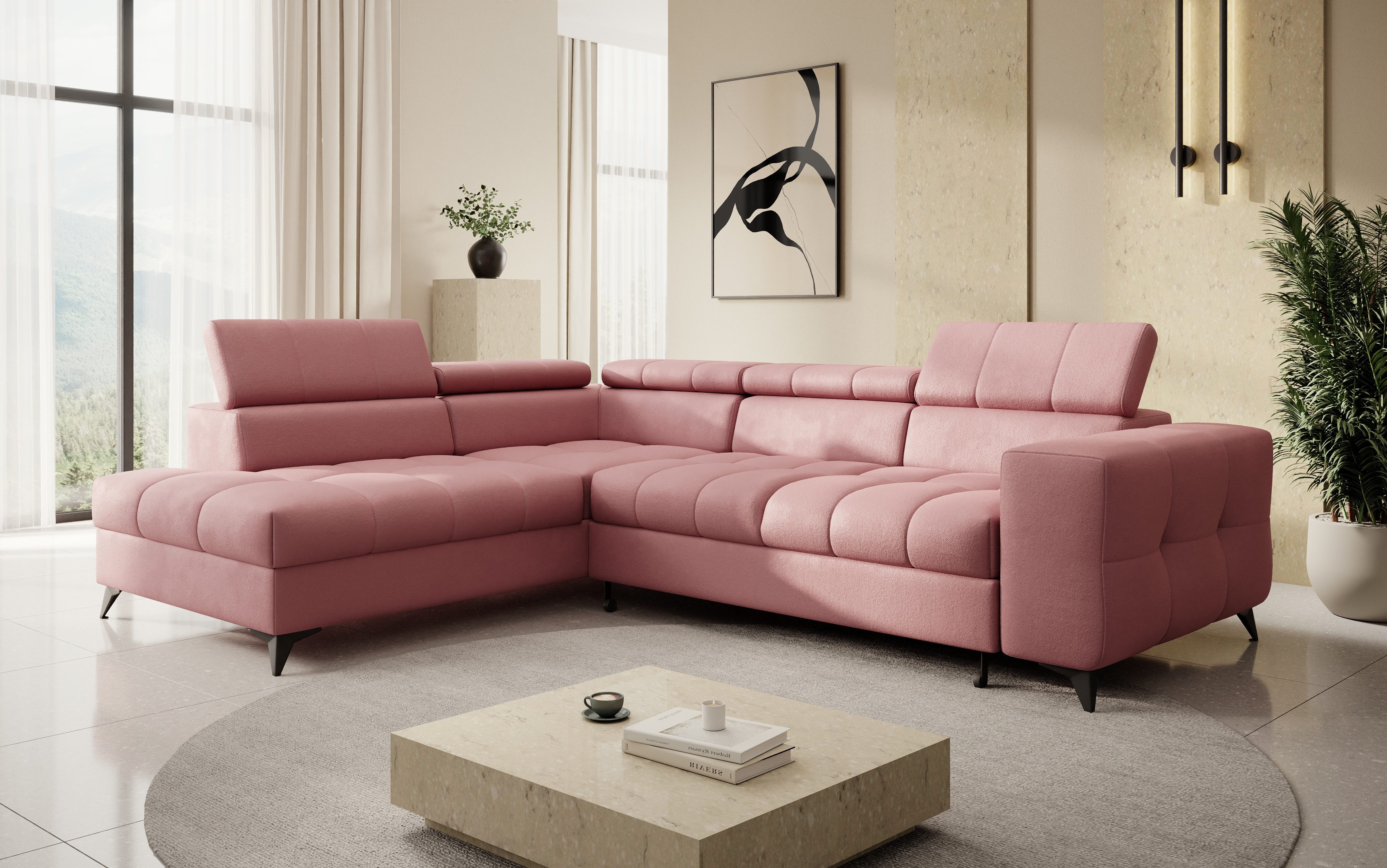 thematys Ecksofa SORANO mit Schlaffunktion & Bettkasten – L-Form, Bouclé und Velours, - mit verstellbaren Kopfstützen, – L-Form 270×203 cm – Schlafsofa mit Auszug, – L-Form 270×203 cm – Schlafsofa mit Auszug