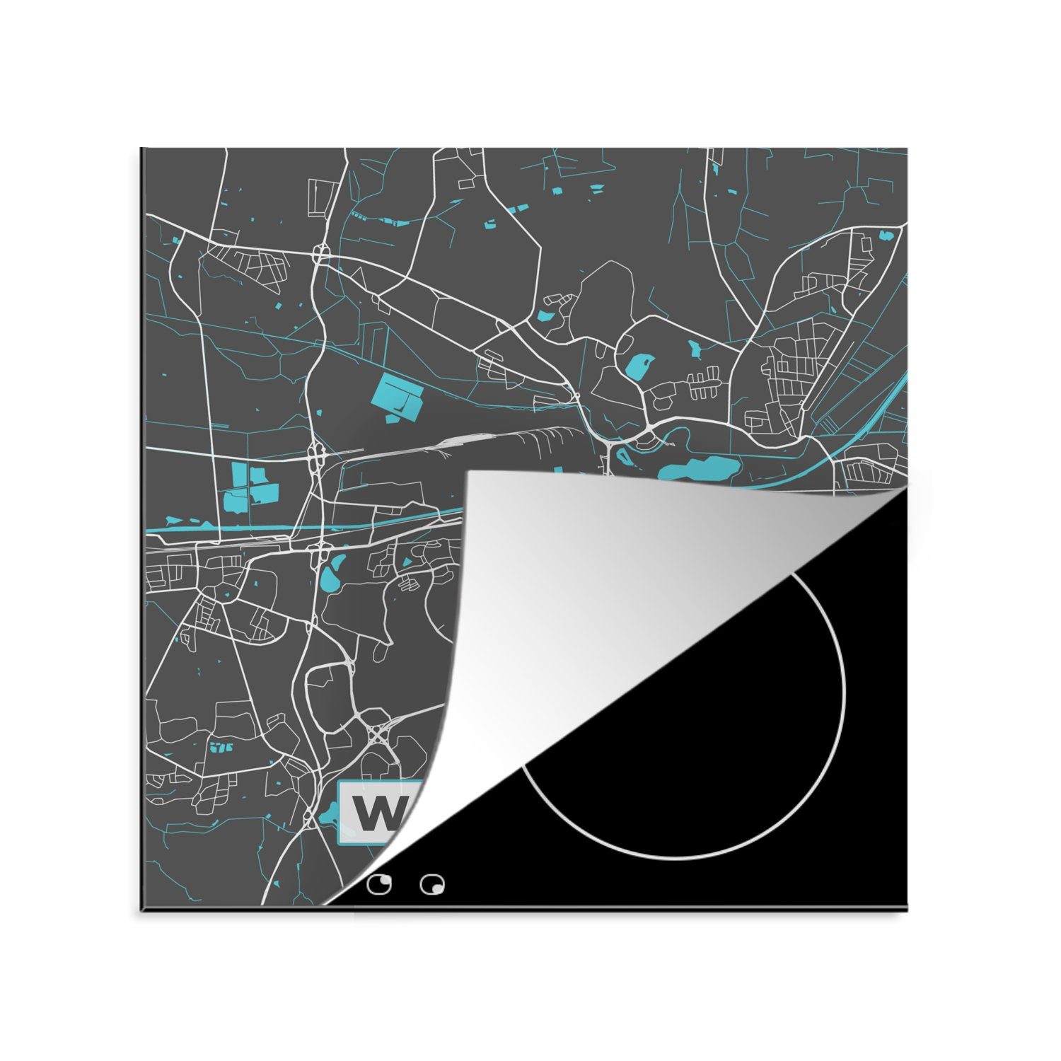 MuchoWow Herdblende-/Abdeckplatte Blau Arbeitsplatte tlg), (1 Deutschland küche 78x78 Ceranfeldabdeckung, für cm, - - Stadtplan Karte - Vinyl, Wolfsburg, 