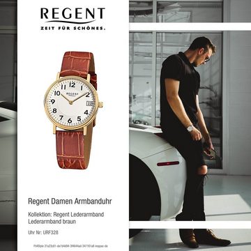 Regent Quarzuhr Regent Damen-Armbanduhr braun Analog F-328, Damen Armbanduhr rund, klein (ca. 28mm), Lederarmband