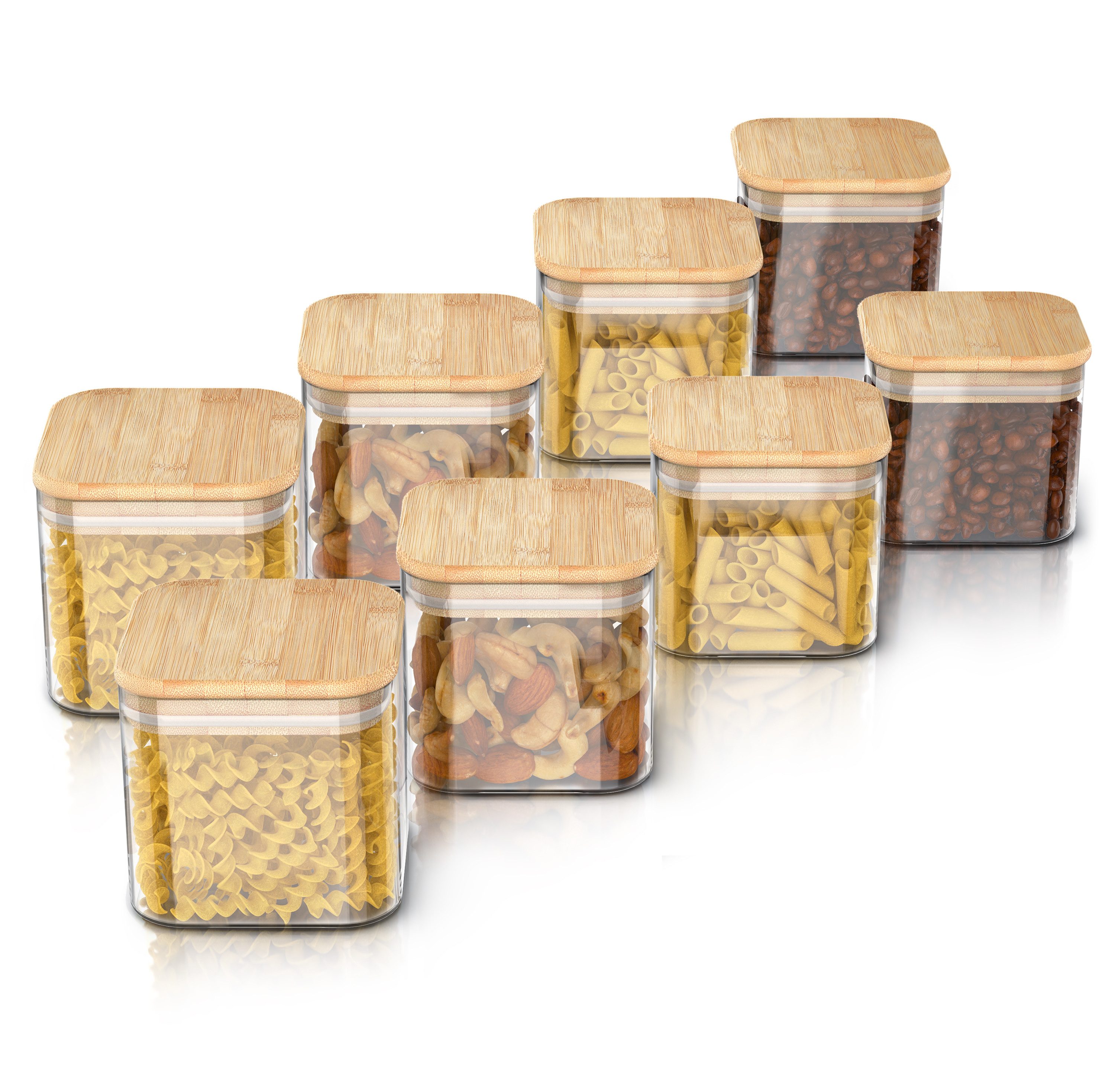 Arendo Aufbewahrungsbecher Glasbehälter-Set 8x 0,8 L Borosilikatglas mit Bambusdeckel, luftdicht, Borosilikatglas, Bambus, Silikon, (Vorratsbehälter-Set, 8-tlg., 8er Set), Hitzebeständig, umweltfreundlich, langlebig, mikrowellengeeignet