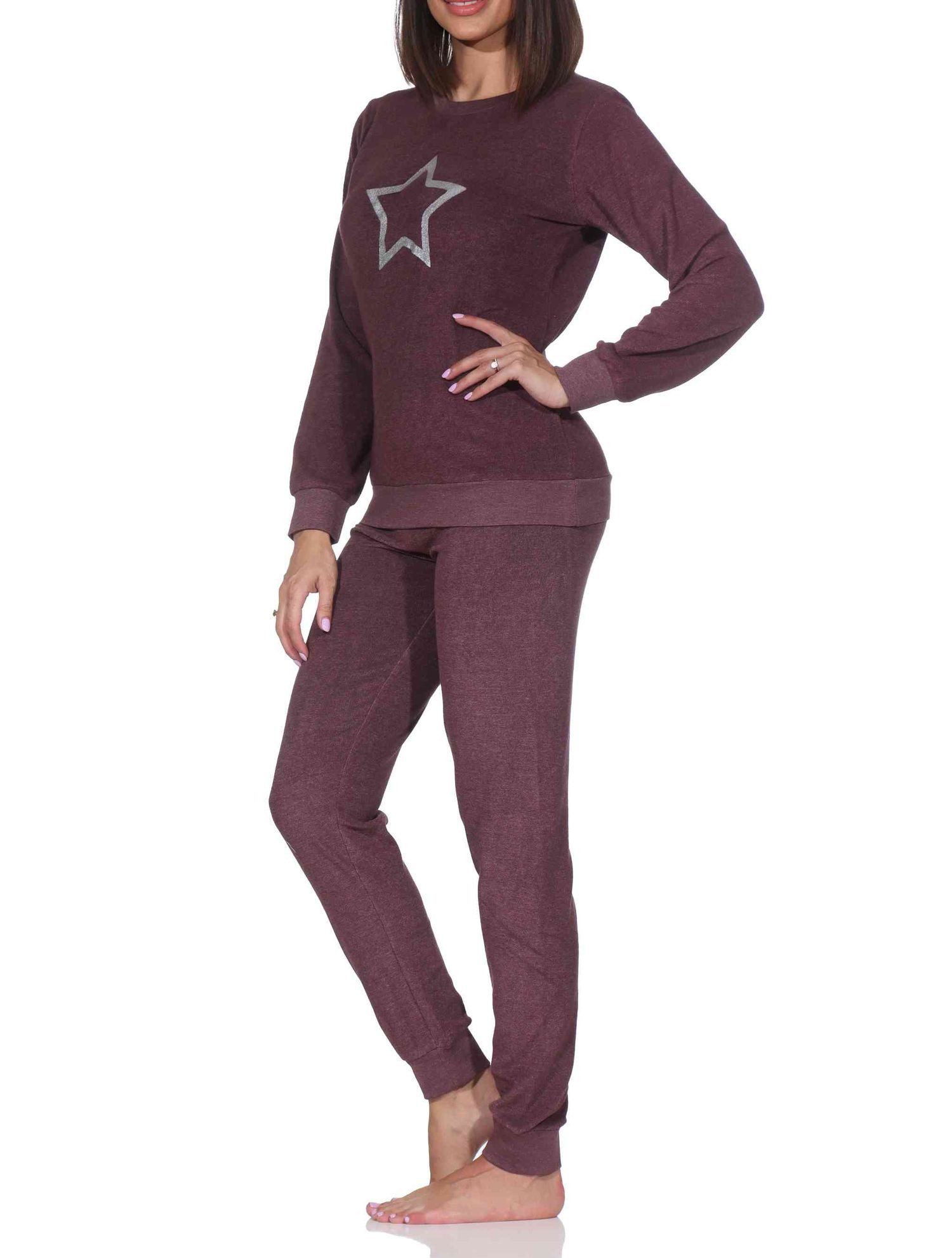 Normann Pyjama Normann Damen Frottee Schlafanzug lang mit Bündchen + Sterne Motiv