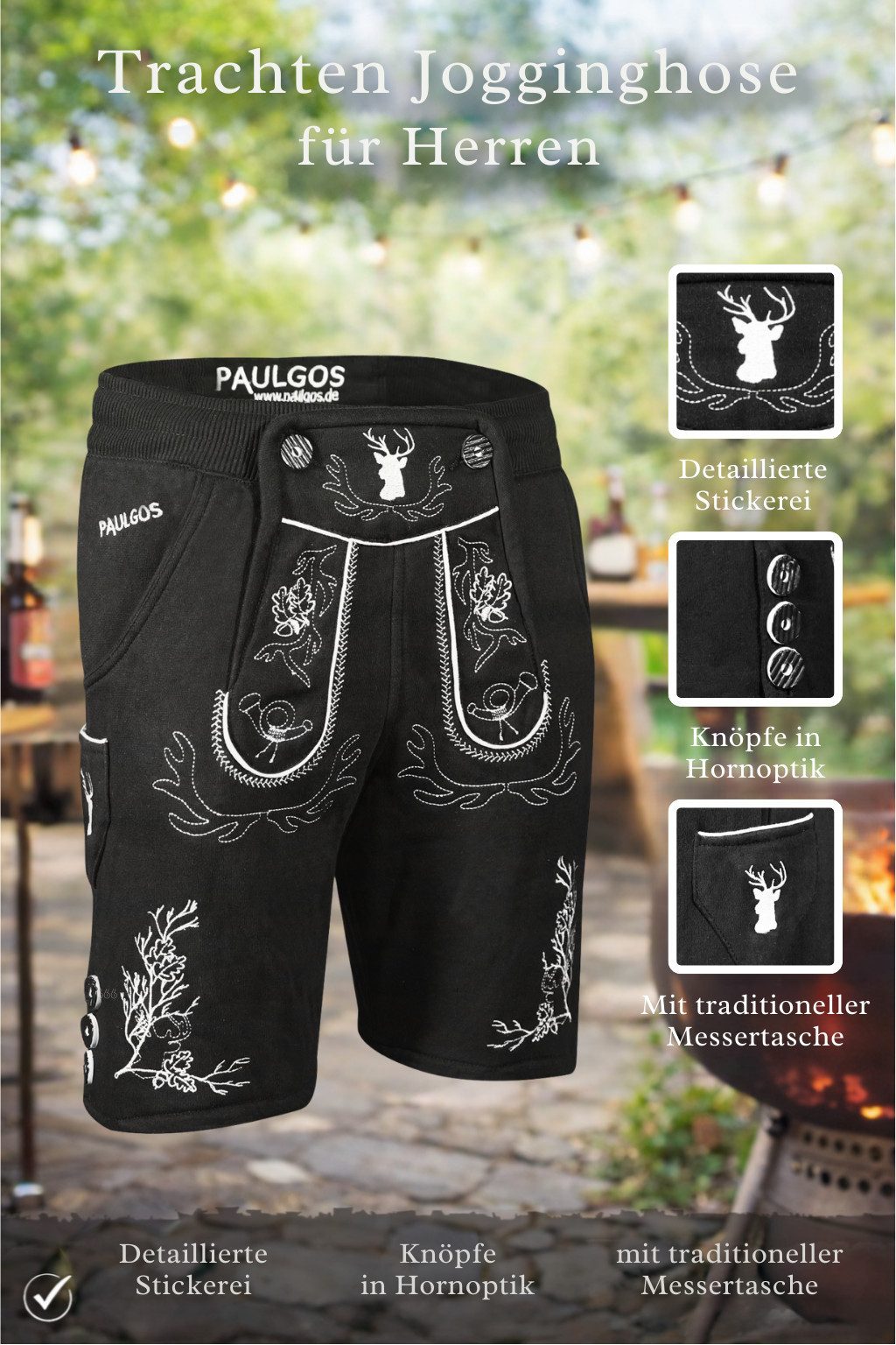 PAULGOS Trachtenhose Herren Jogginghose Design Lederhose Kurz Sweathose Bermuda Shorts JOK3
