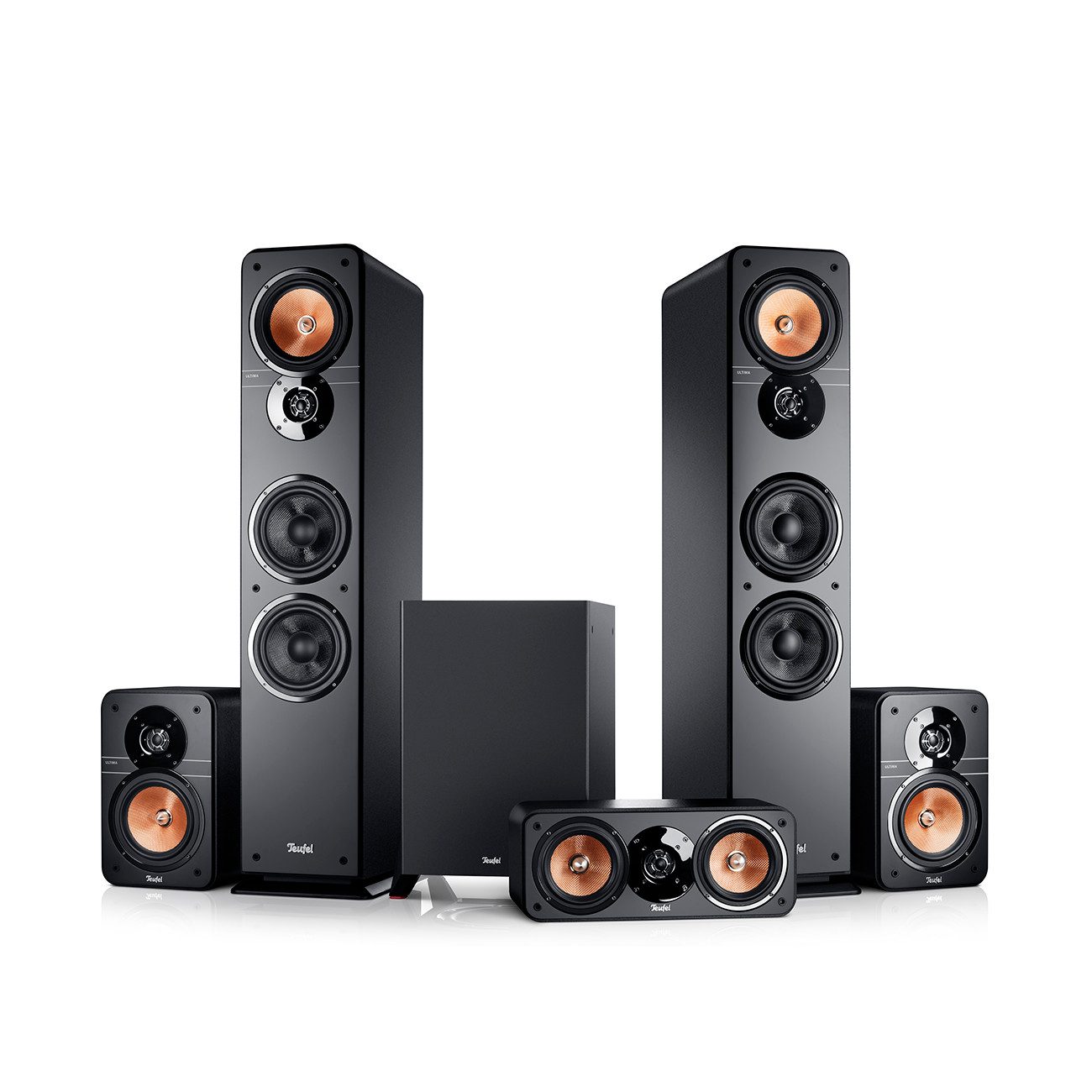 Teufel ULTIMA 40 Surround "5.1-Set" Stand-Lautsprecher (Anschlussklemmen, 120 W, kräftiger 150-Watt-Subwoofer, als Frontfire- oder Downfire-Subwoofer)