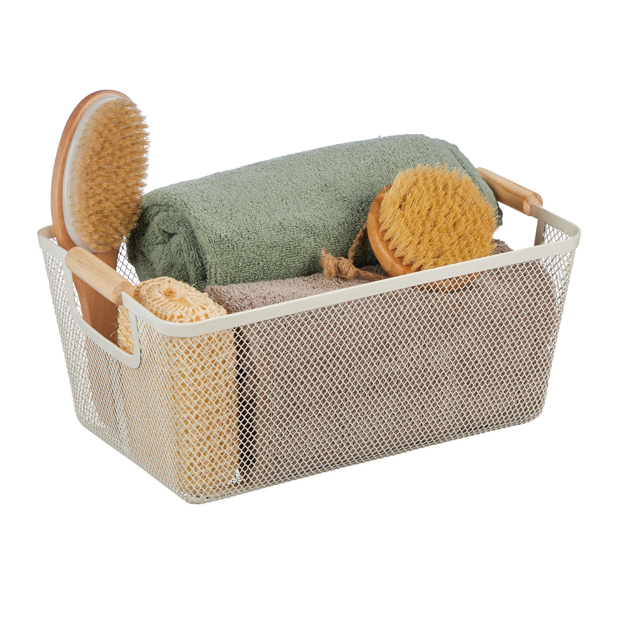 relaxdays Aufbewahrungskorb Drahtkorb mit Holzgriffen, Weiß günstig online kaufen