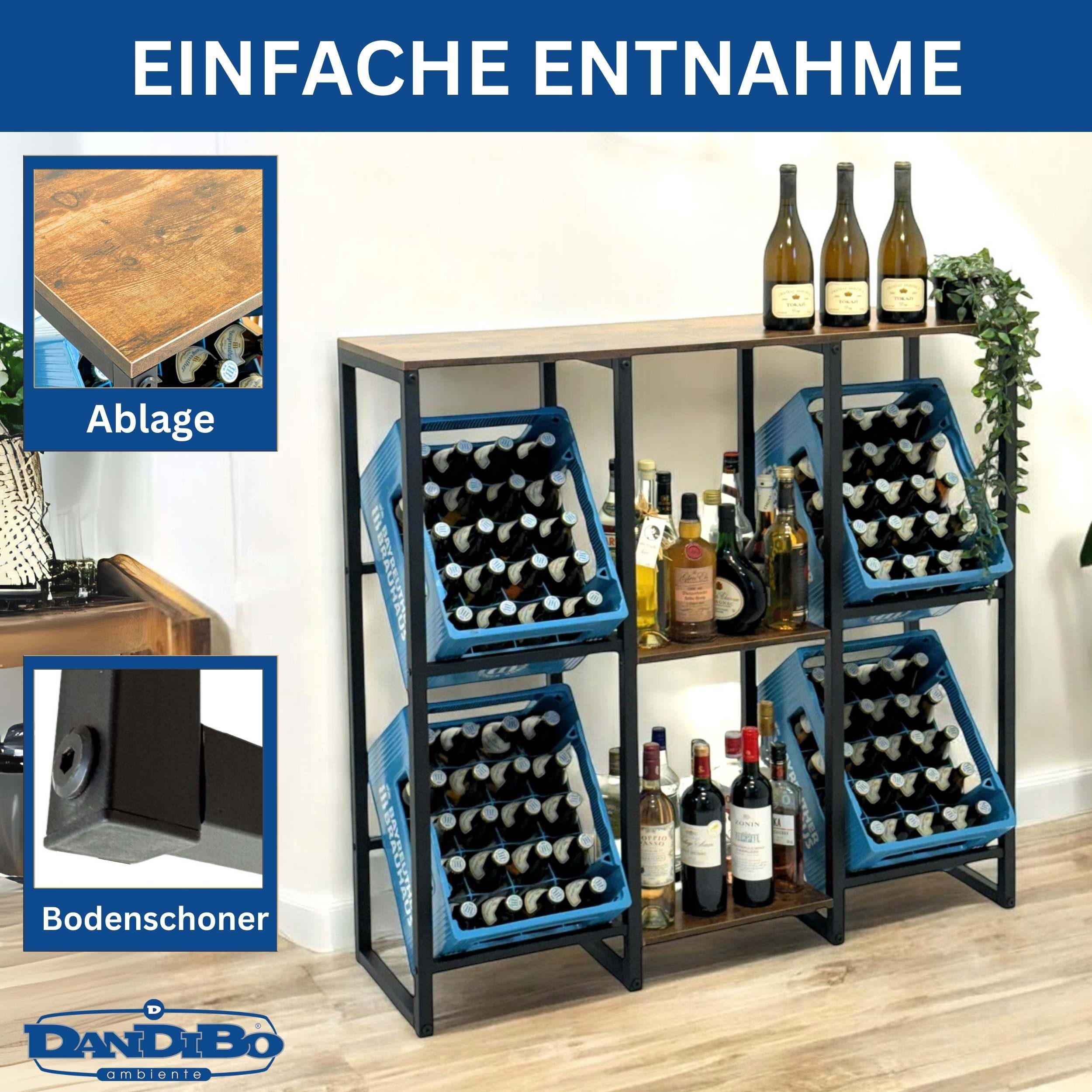 DanDiBo Kastenständer Getränkekistenregal 4 Kisten mit Ablage Holz Metall Getränkeregal, 96564, Kistenregal Getränkekistenhalter Regal Getränkekisten