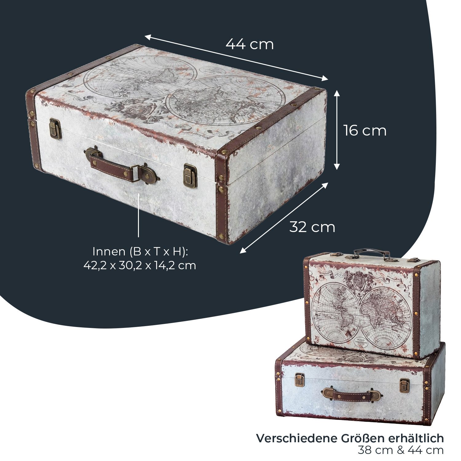 HMF Aufbewahrungsbox Vintage Koffer Holz, Aufbewahrungsbox mit Deckel und Ledergriff als, Geschenkidee für Hochzeit oder Geburtstag, Weltkarte, 44 x 32 x 16 cm – Bild 5 von 5