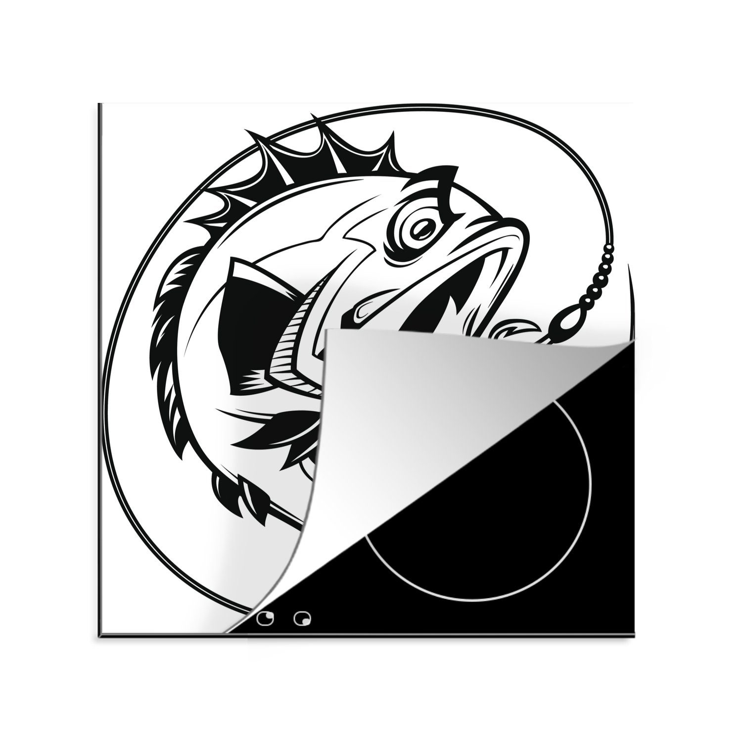 MuchoWow Herdblende-/Abdeckplatte Eine Cartoon-Illustration eines Fisches am Haken, Vinyl, (1 tlg), 78x78 cm, Ceranfeldabdeckung, Arbeitsplatte für küche