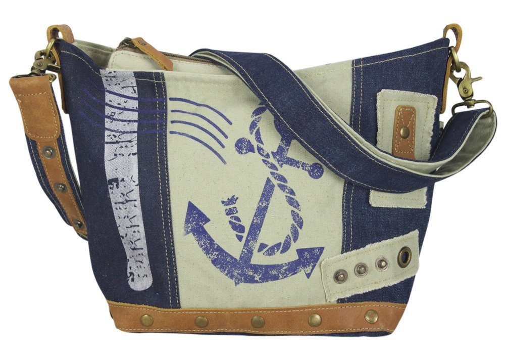Sunsa Umhängetasche Upcycling Umhängetasche Tasche mit Maritim Motiv Schultertasche Anker, Upcycling Tasche, echtes Leder, recycelter Jeansstoff