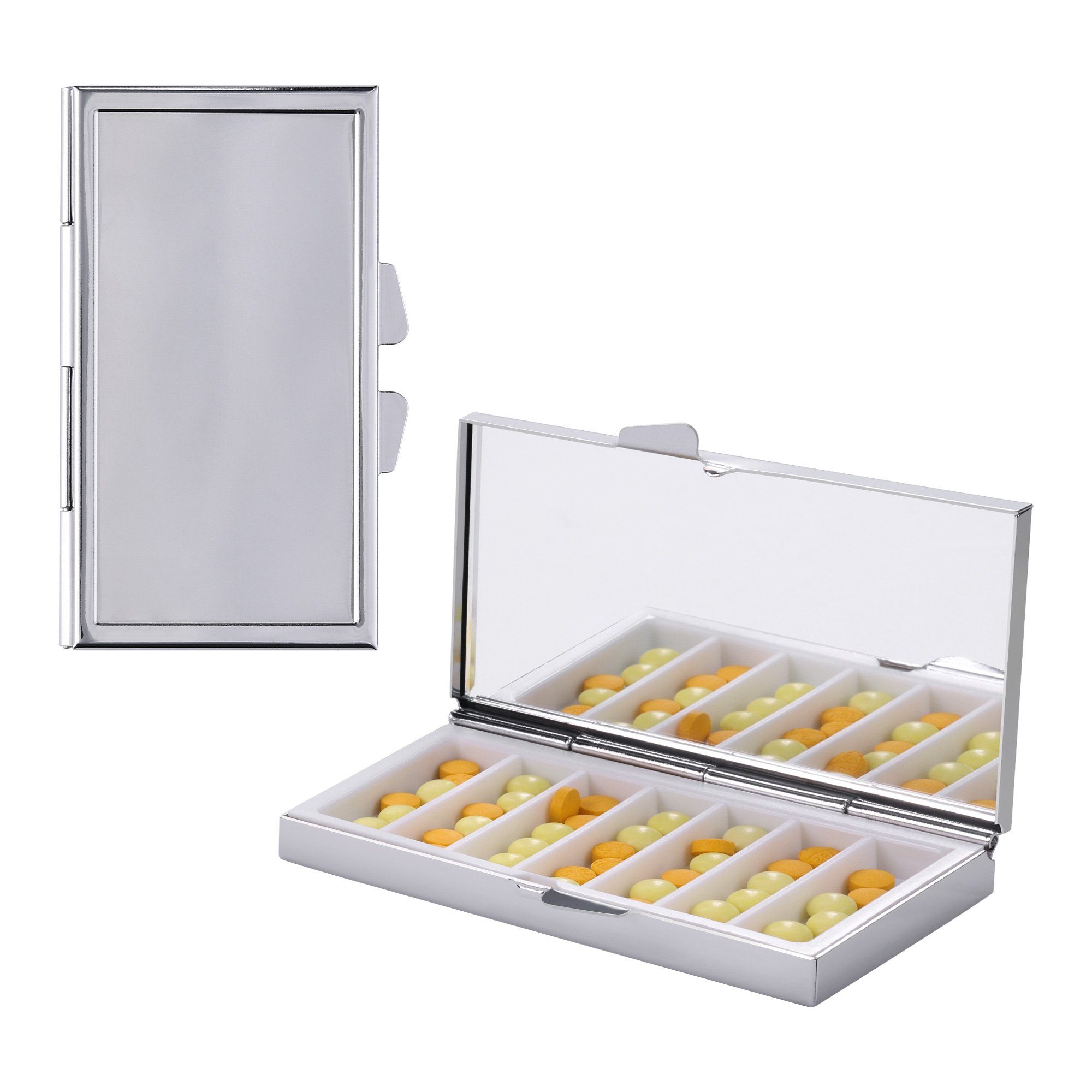 kwmobile Aufbewahrungsdose, 2x Pillendose mit 7 Fächern - 8,3 x 4,5 x 1,3  cm - Tablettendose Box - Tabletten Organizer - Dose in Silber