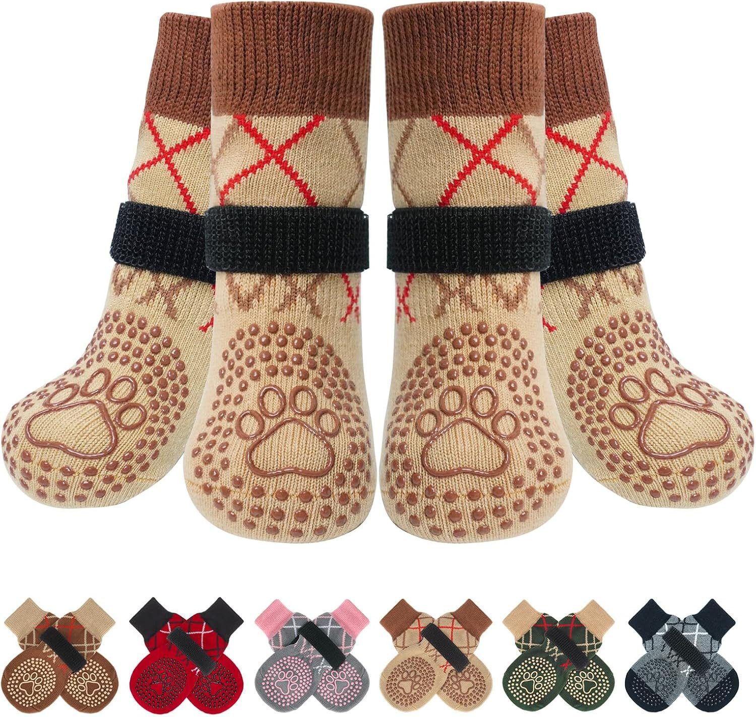 Ledander Pfotenschutz 4 Stück Doppelseitige Anti Rutsch Hundesocken, (Leckschutz mit Klettverschluss Riemenfür Innenbereich), Pfotenschutz für Hunde, Schuhe für Kleine, Mittlere und Große Hunde