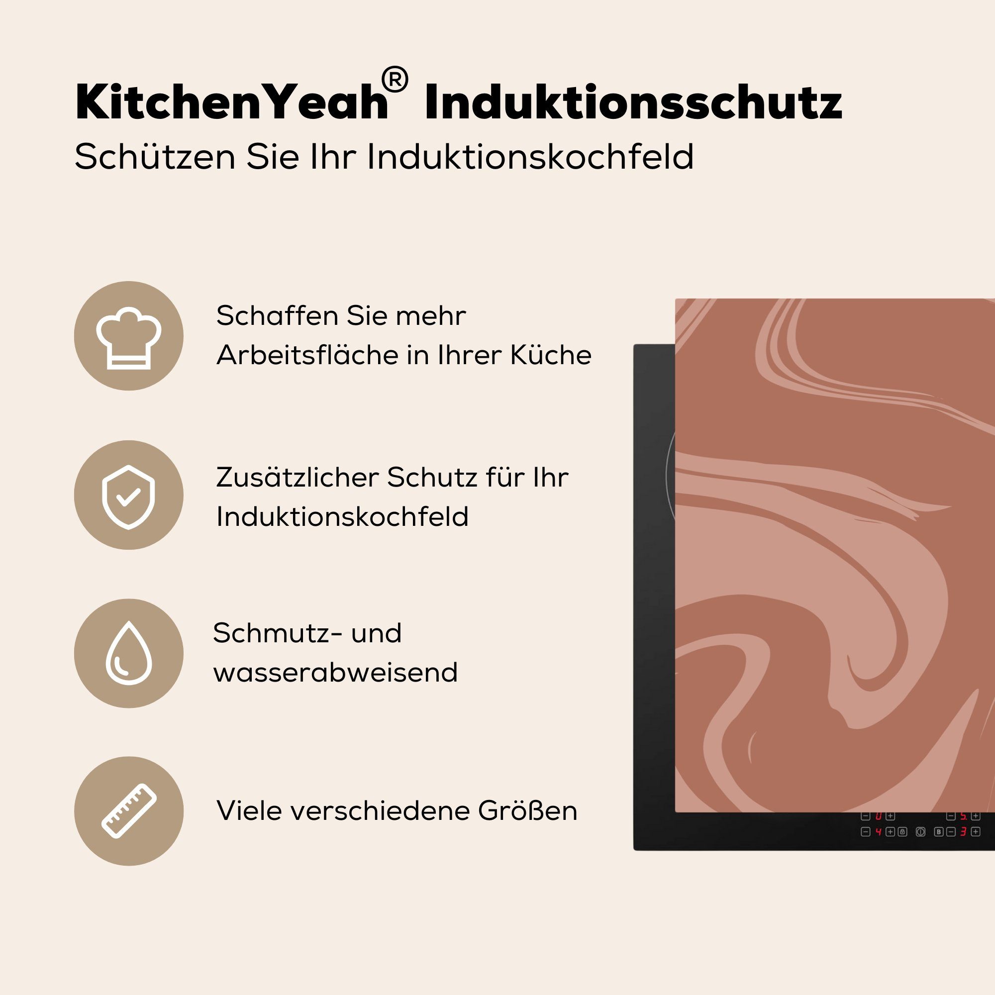 Braun Schokolade, - für Marmor Herdblende-/Abdeckplatte Induktionskochfeld - tlg), die (1 cm, Vinyl, 81x52 Schutz küche, MuchoWow Ceranfeldabdeckung