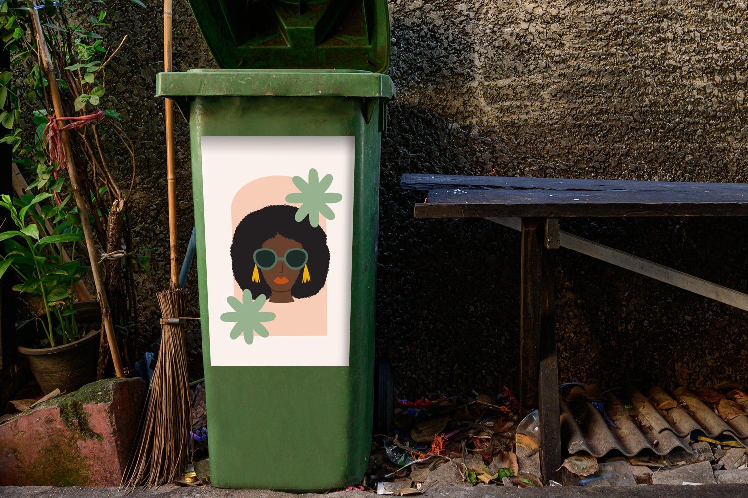 Mülltonne, - (1 Abfalbehälter Frau Sommer St), Mülleimer-aufkleber, MuchoWow Blumen Sticker, Wandsticker Container, -