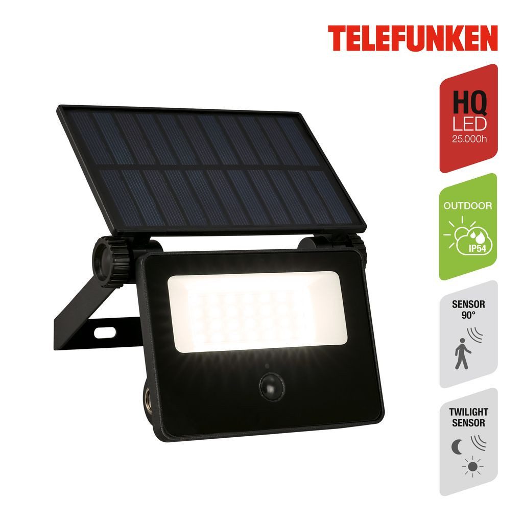 Telefunken Flutlichtstrahler 322605TF, LED fest integriert, 2700K - Extra-Warmweiß, LED Strahler Solar 14x11,5x18 cm Schwarz 2W 1000 Lumen Solarleuchten
