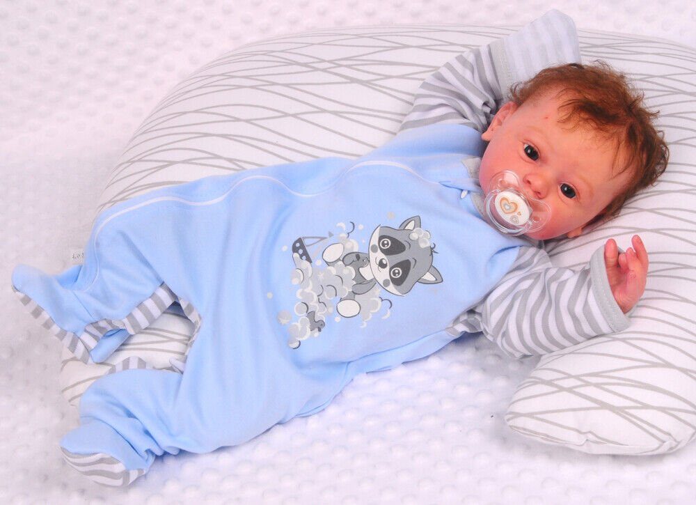 La Bortini Strampler Baby Overall Schlafanzug in Blau gestreift mit Waschbär aus reiner Baumwolle, 44 50 56 62 68 74 80 86 92 98 104