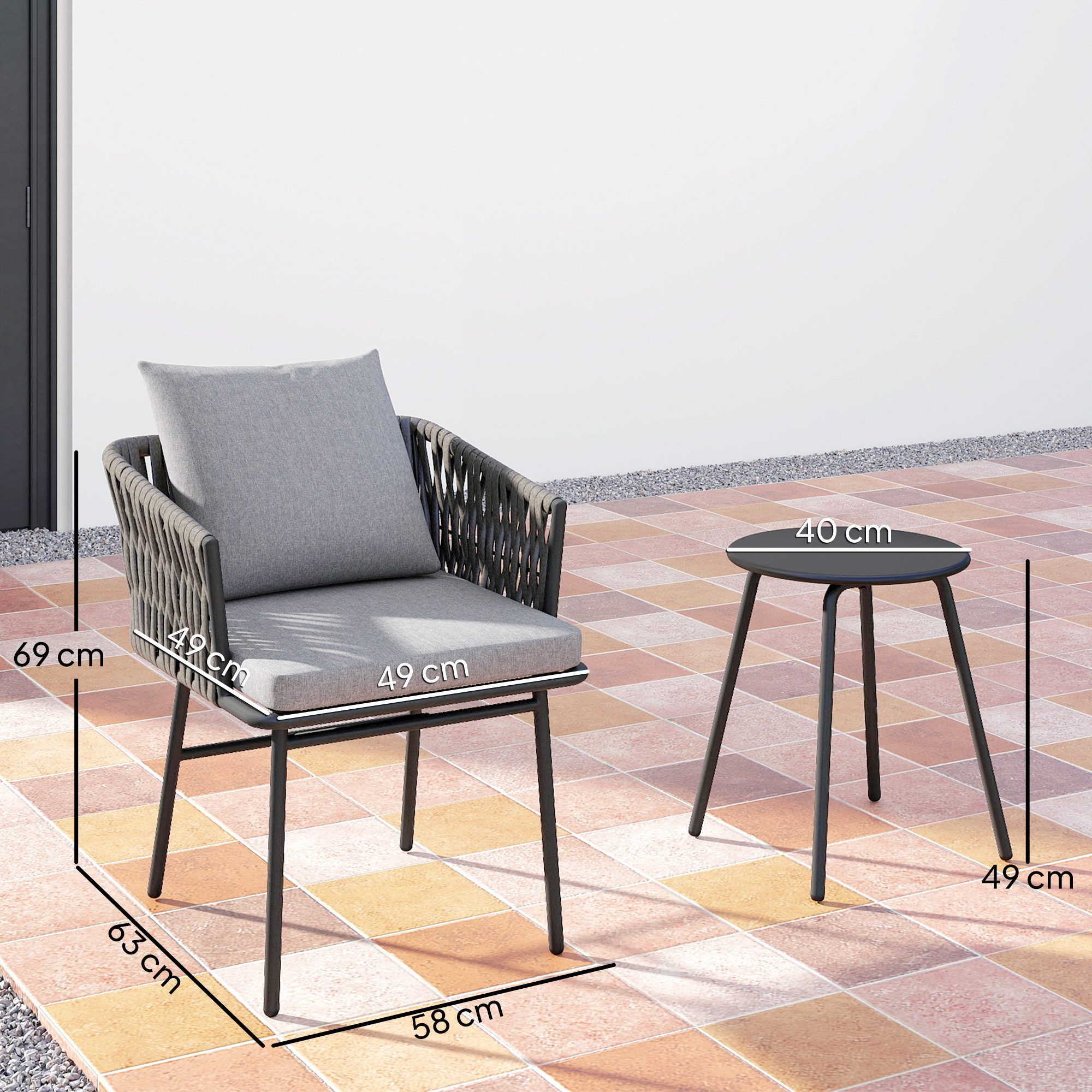 Outsunny Sitzgruppe mit 2 Gartensesseln, Couchtisch, Kissen, (Gartengarnitur, 3-tlg., 3-tlg. Rattan Bistroset), für Garten, Terrasse, Stahl, Grau