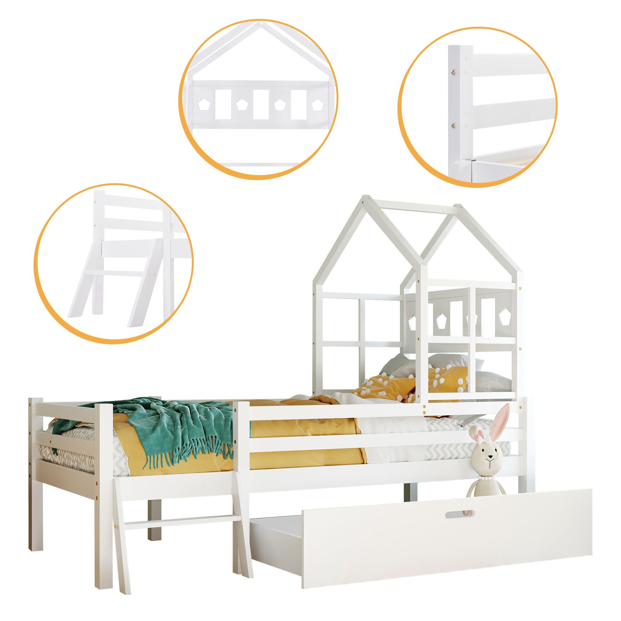 BlingBin Kinderbett Hausbett Lattenrost, mit 90x200cm Kiefer-Massivholz und (1-tlg., inkl. Weiß), Hochbett Schubladen mit Leiter Rausfallschutz