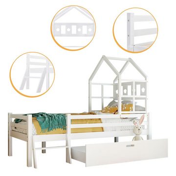 BlingBin Kinderbett Hausbett Hochbett mit Schubladen (1-tlg., mit Rausfallschutz und Leiter 90x200cm Weiß), inkl. Lattenrost, Kiefer-Massivholz