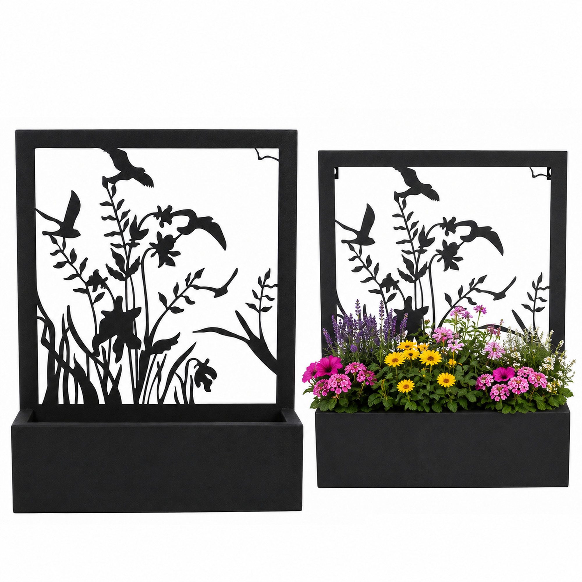 UNUS GARDEN Pflanzkübel Blumenkasten Metall Wandregal 2er Set (schwarz), modern und dekorativ - Blumen- & Vögelmotiv